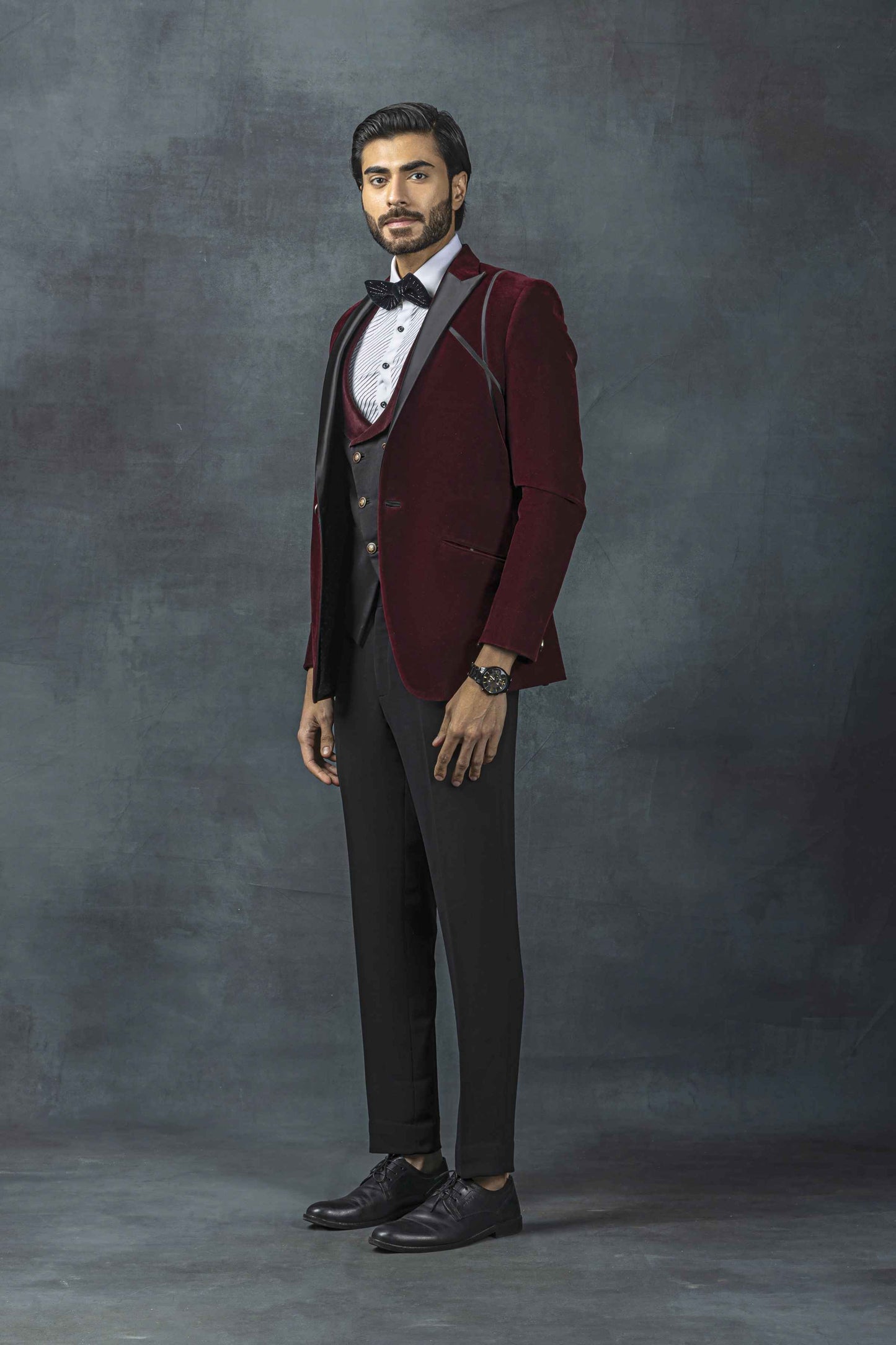 Wine Velvet Tuxedo With Black Satin Stripe Detailing