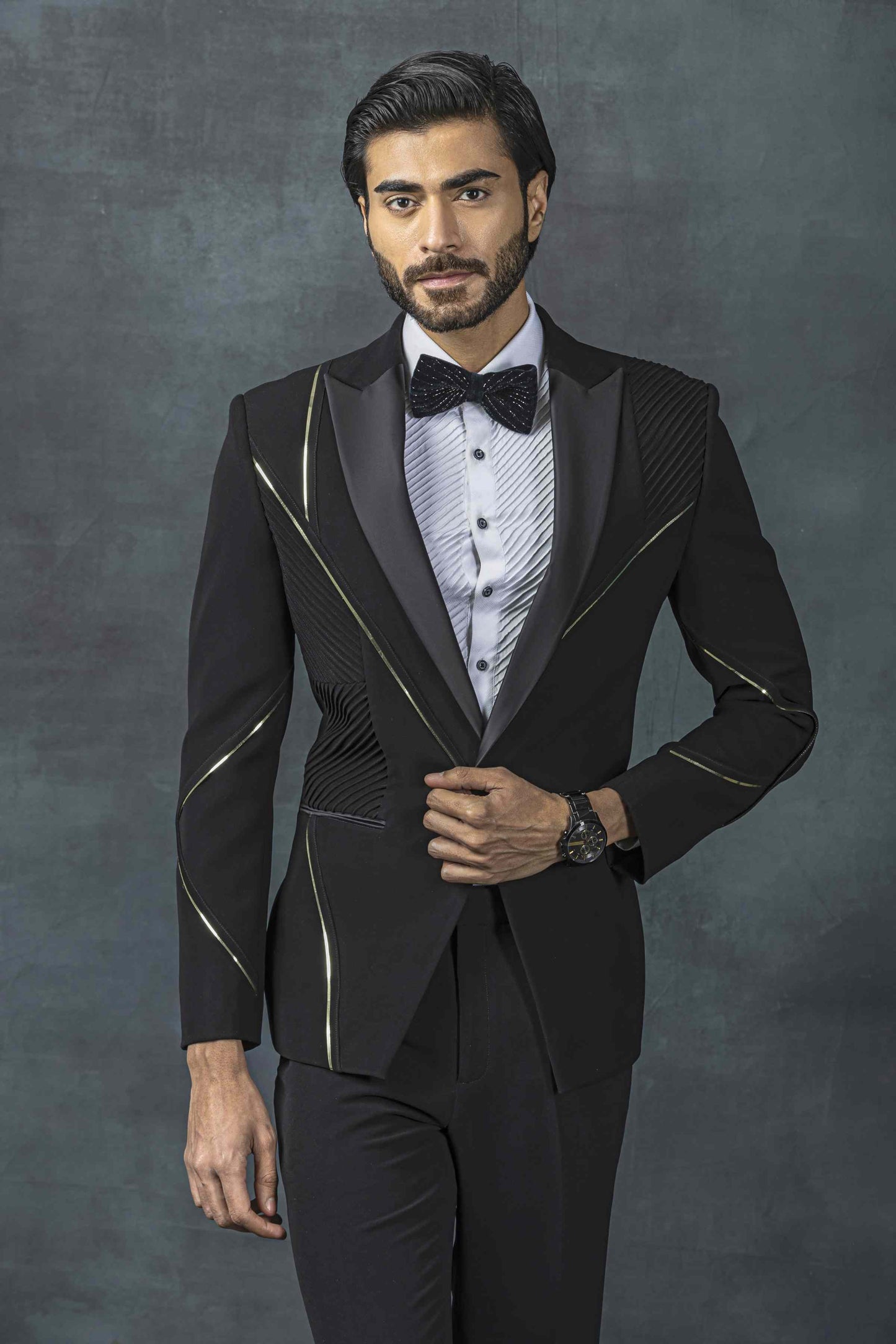 Black Tuxedo With Golden Reel Detailing