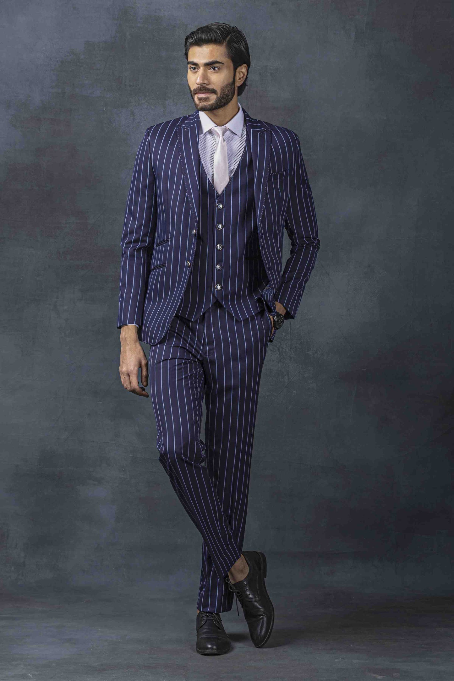 Navy Stripped Classic Two Buttoned Suit
