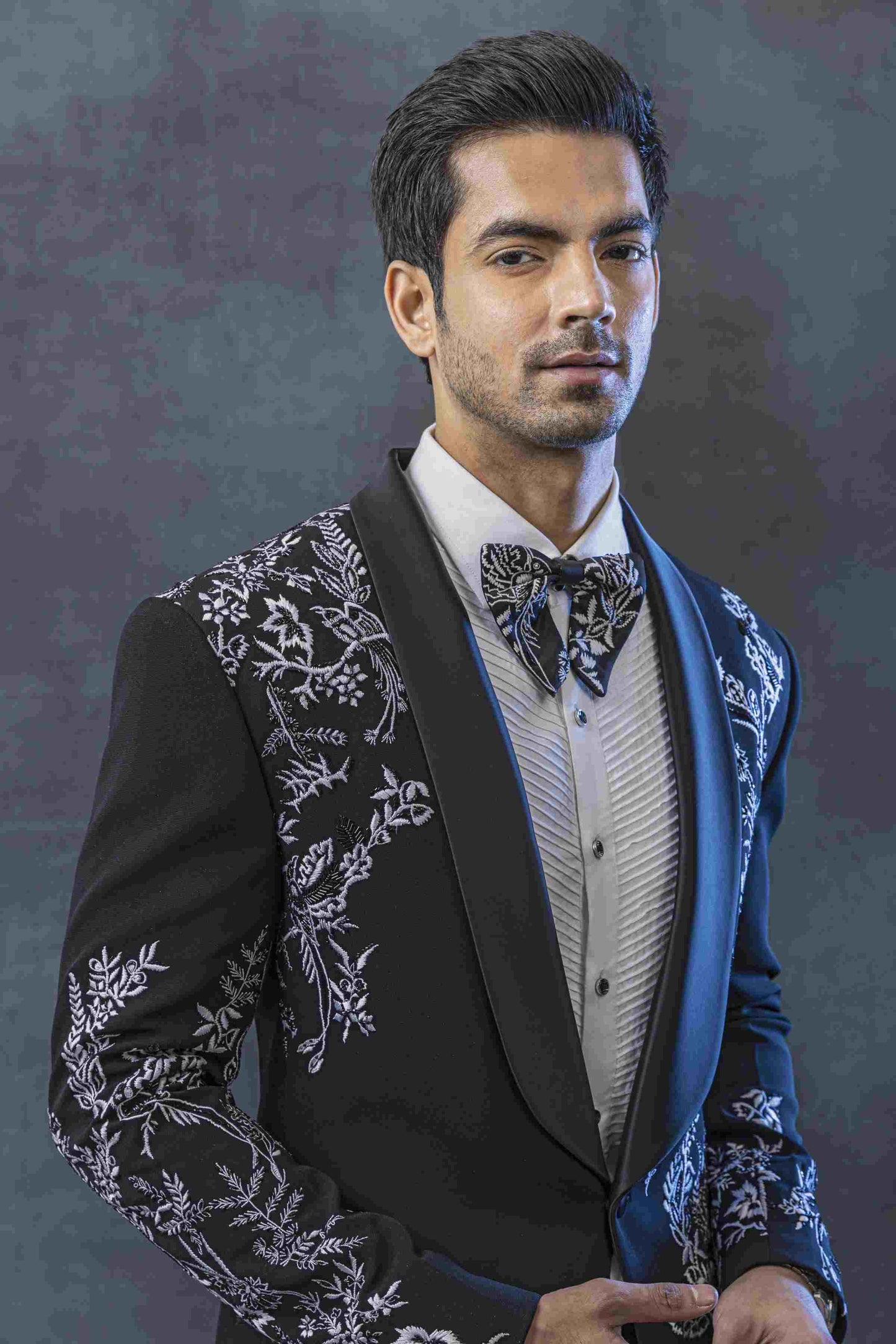 Black Tuxedo With White Thread Embroidery
