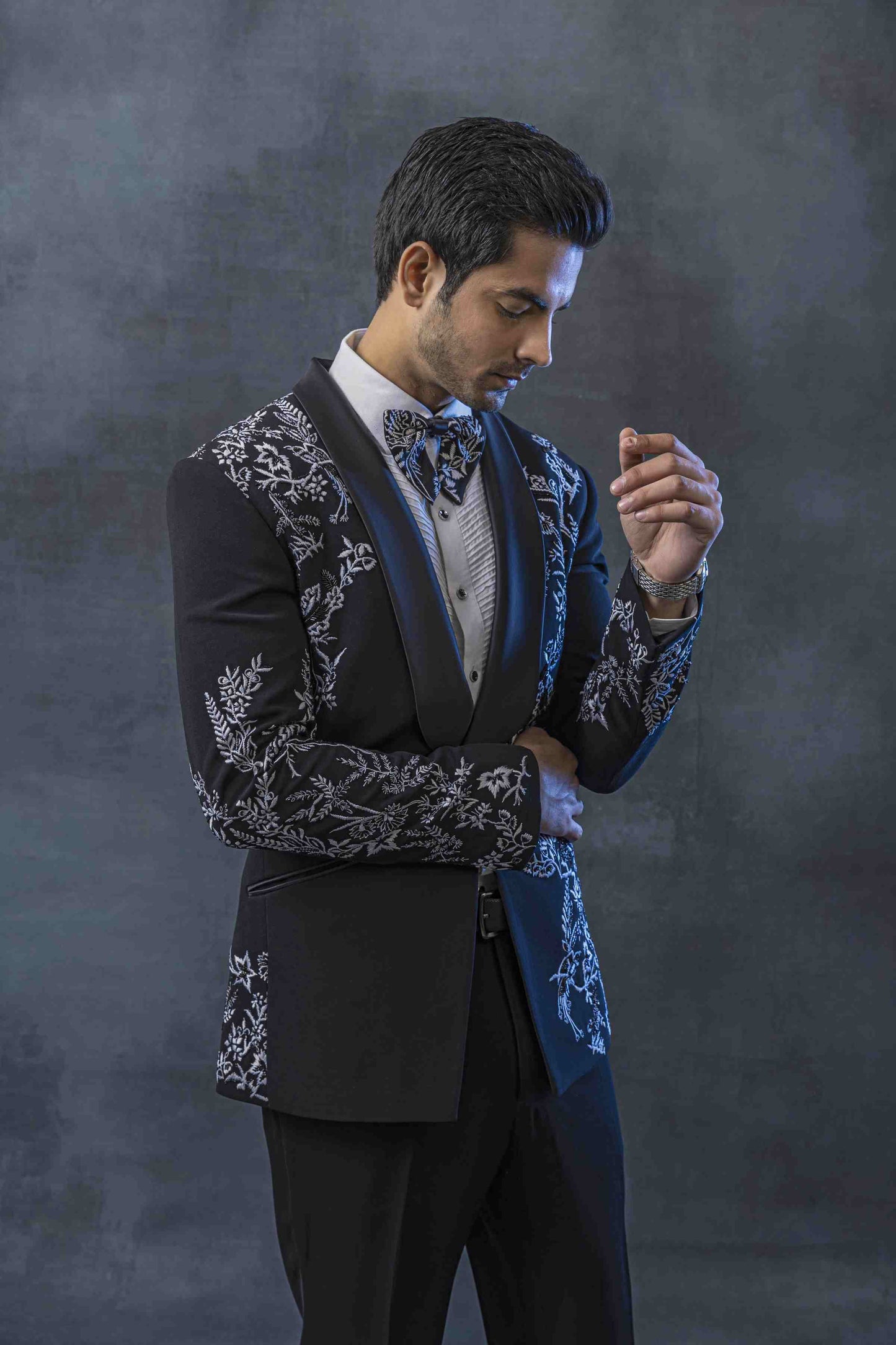 Black Tuxedo With White Thread Embroidery