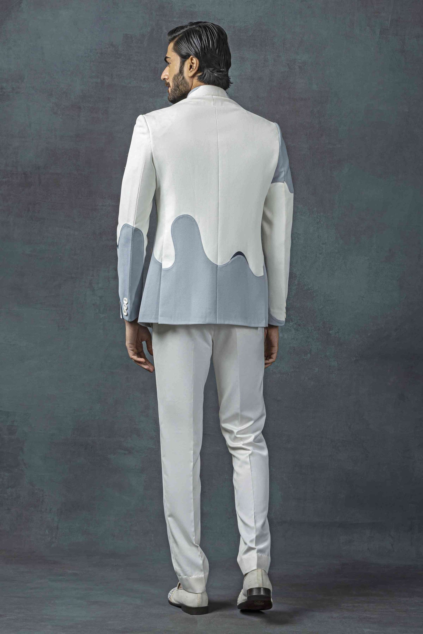 Off White Bandhgala With Grey Applique Work Set