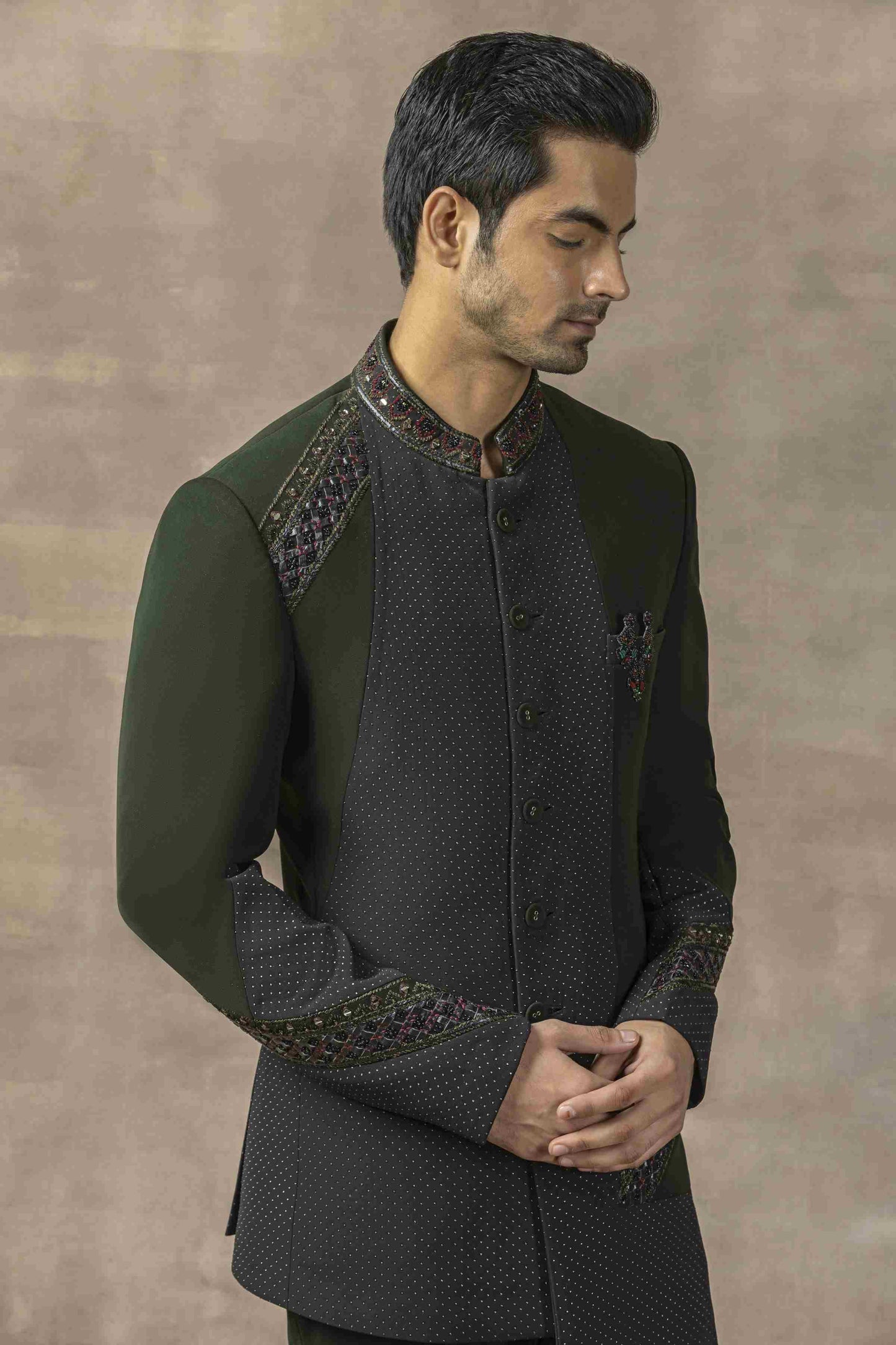 Forest Green Bandhgala With Pearl Work