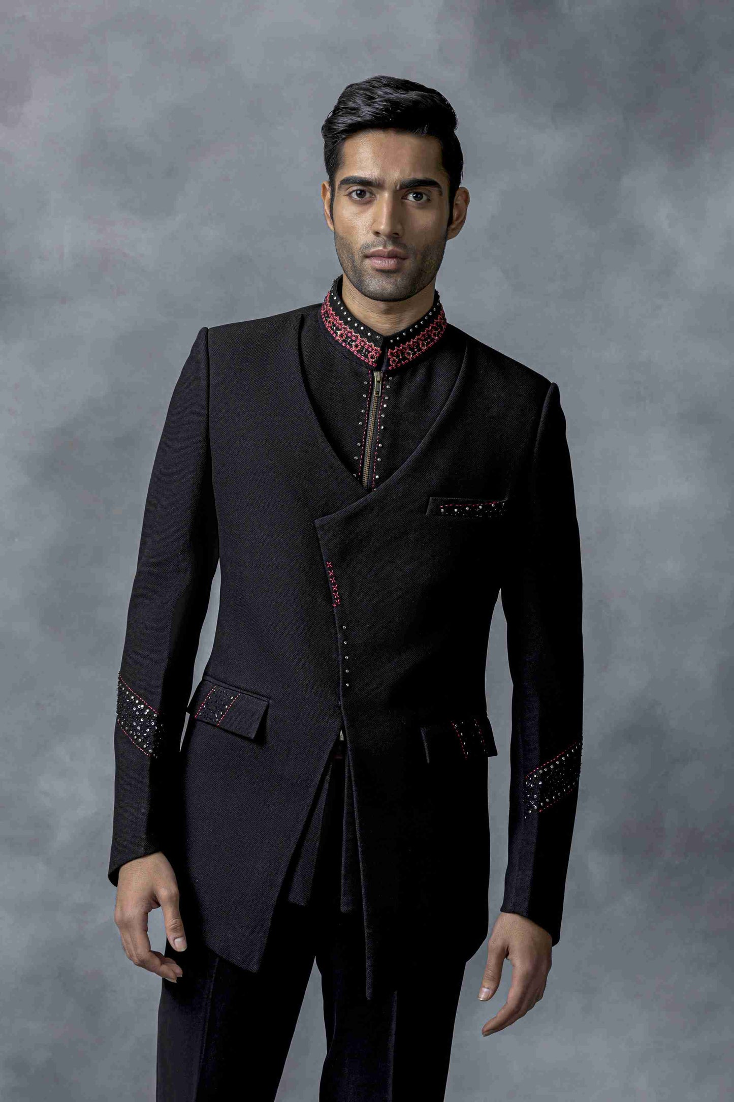 Black Bandhgala With Pink Thread And Rivet Work