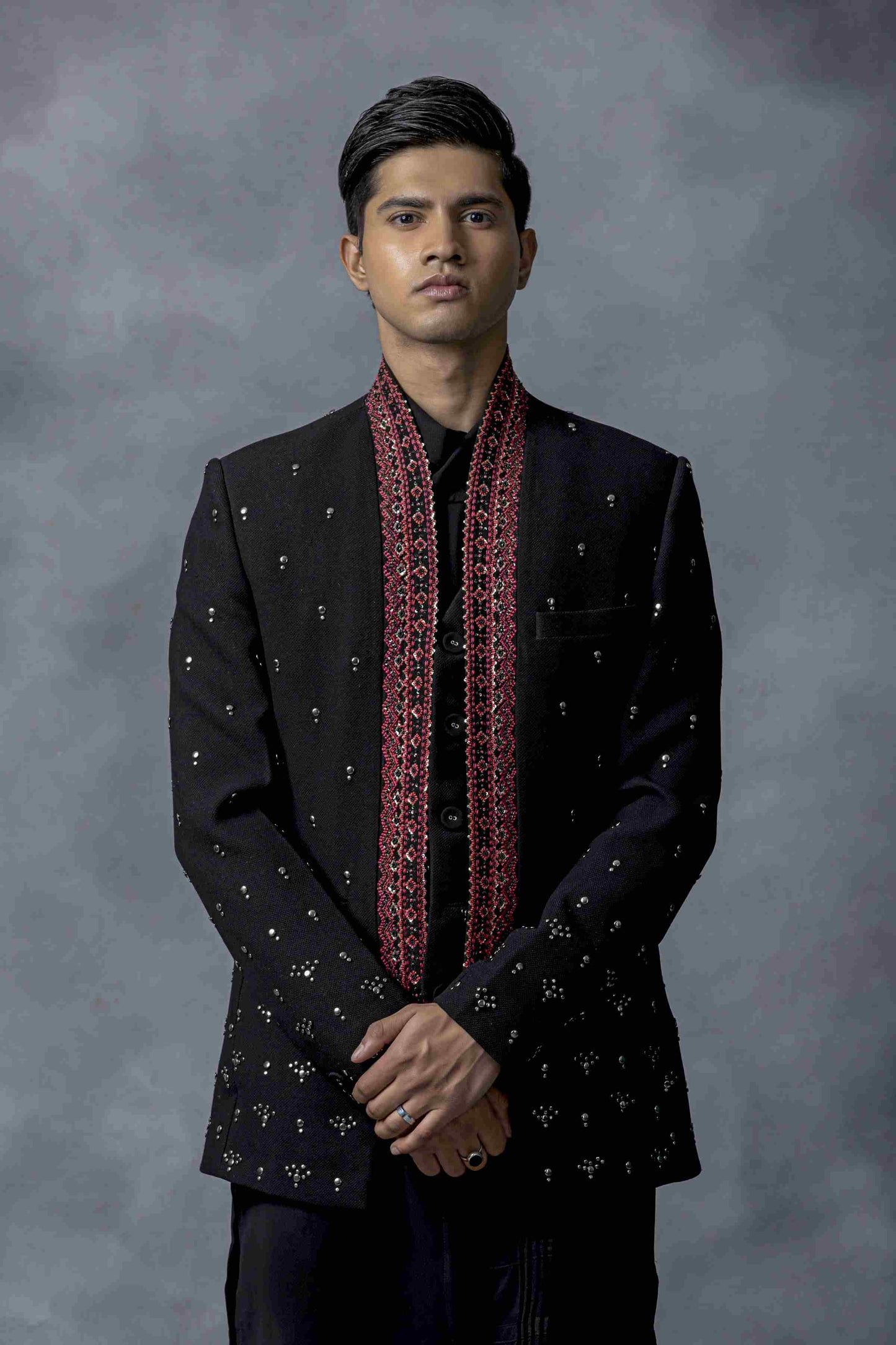 Black Dual Layer Bandhgala With Rivet Work
