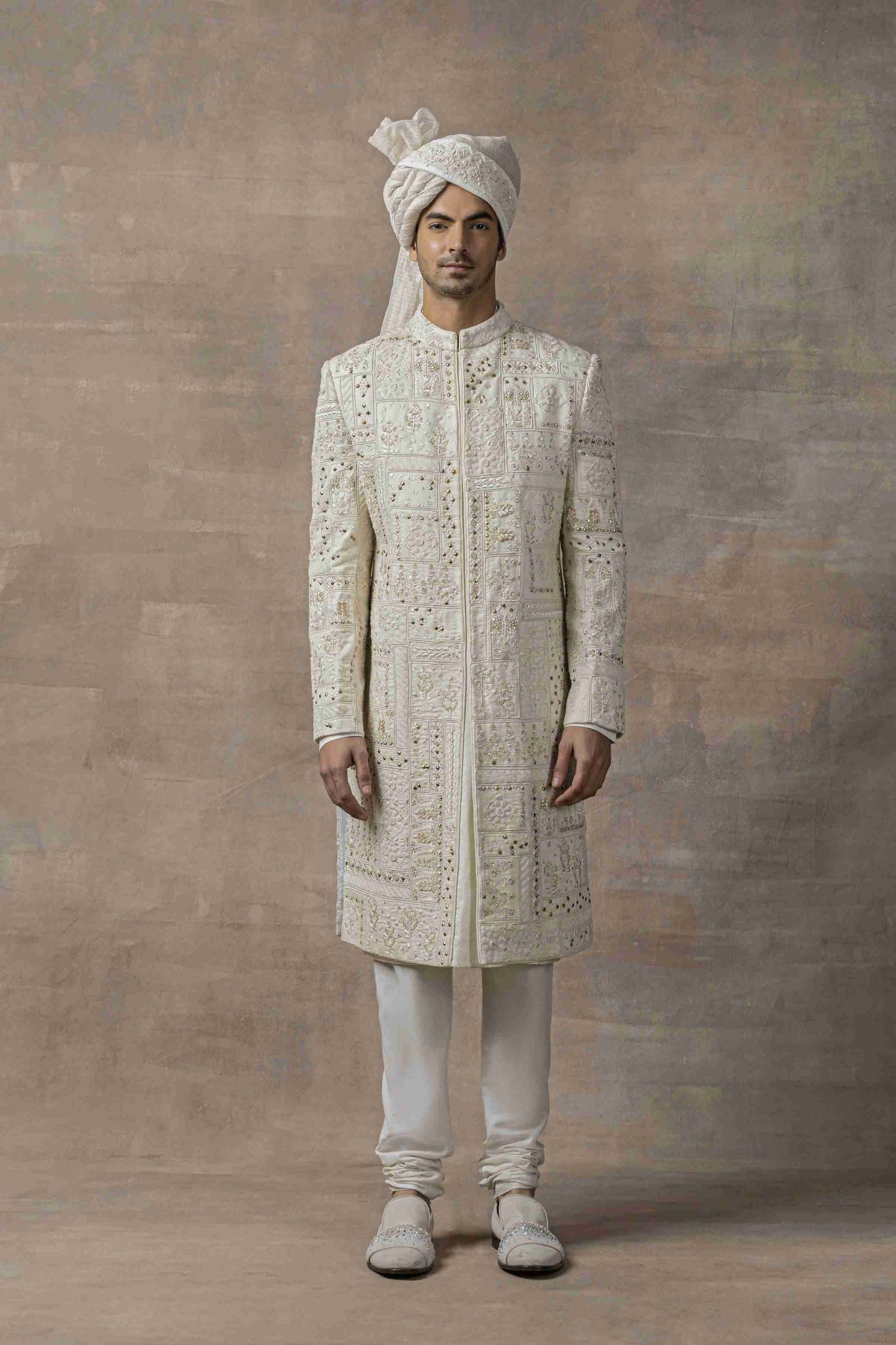 Ivory Sherwani With Rivet And Thread Work