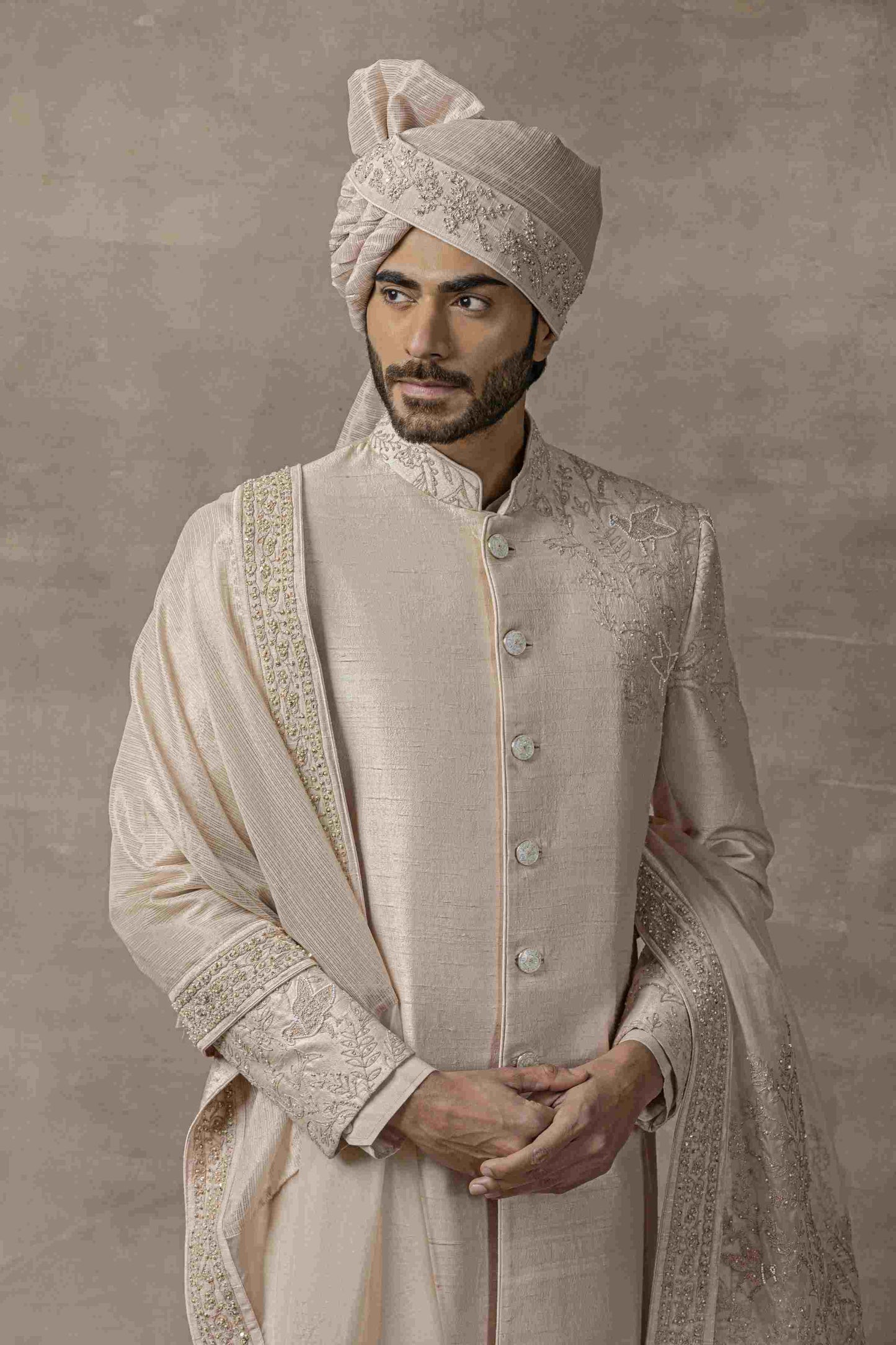Rose Gold Sherwani With Placement Work On One Shoulder