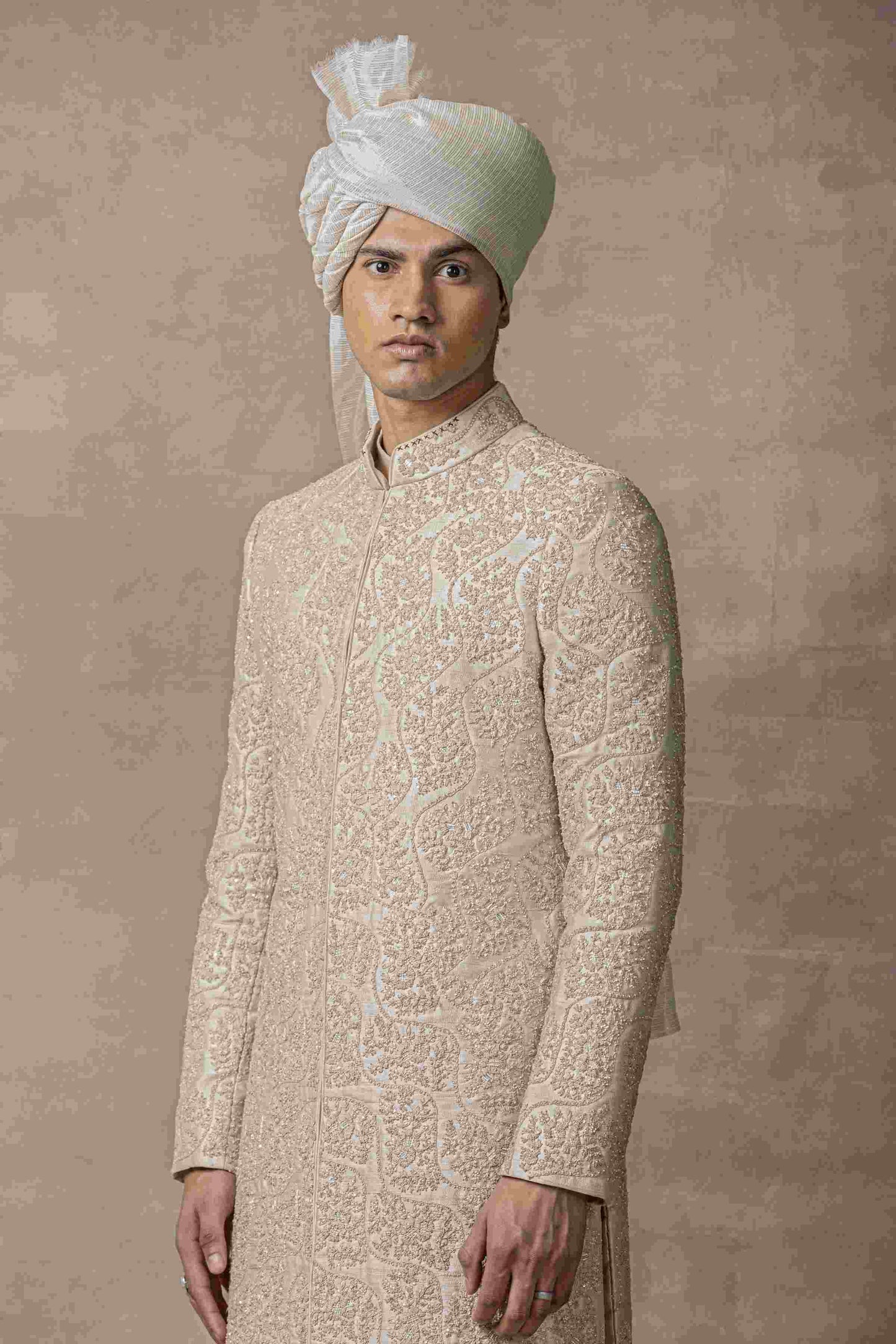 Rose Gold Sherwani Highlighted With Rose Gold Zari And Thread