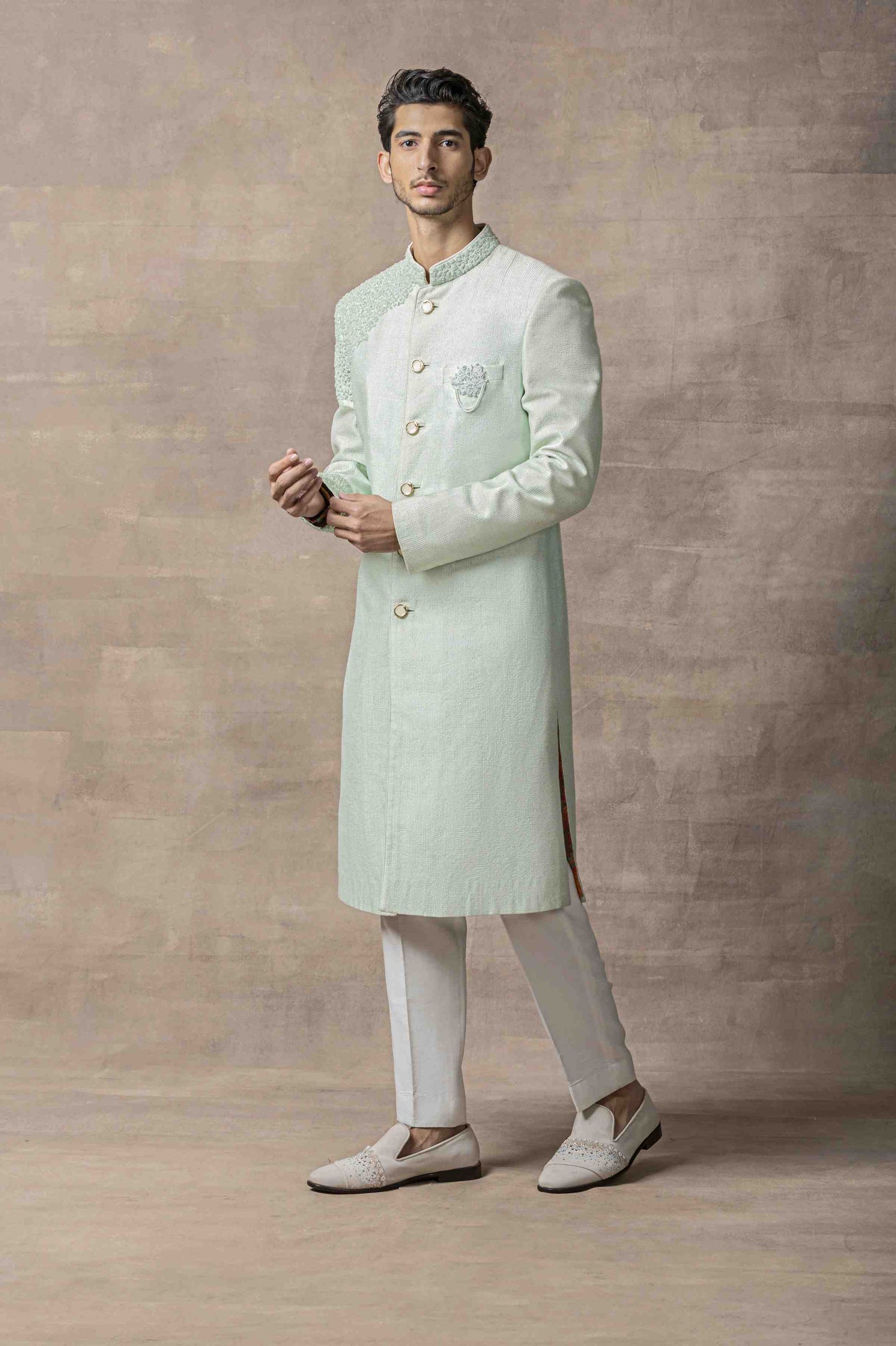 Aqua Dhagai Sherwani Highlighted With 3D Thread Work And Pearl