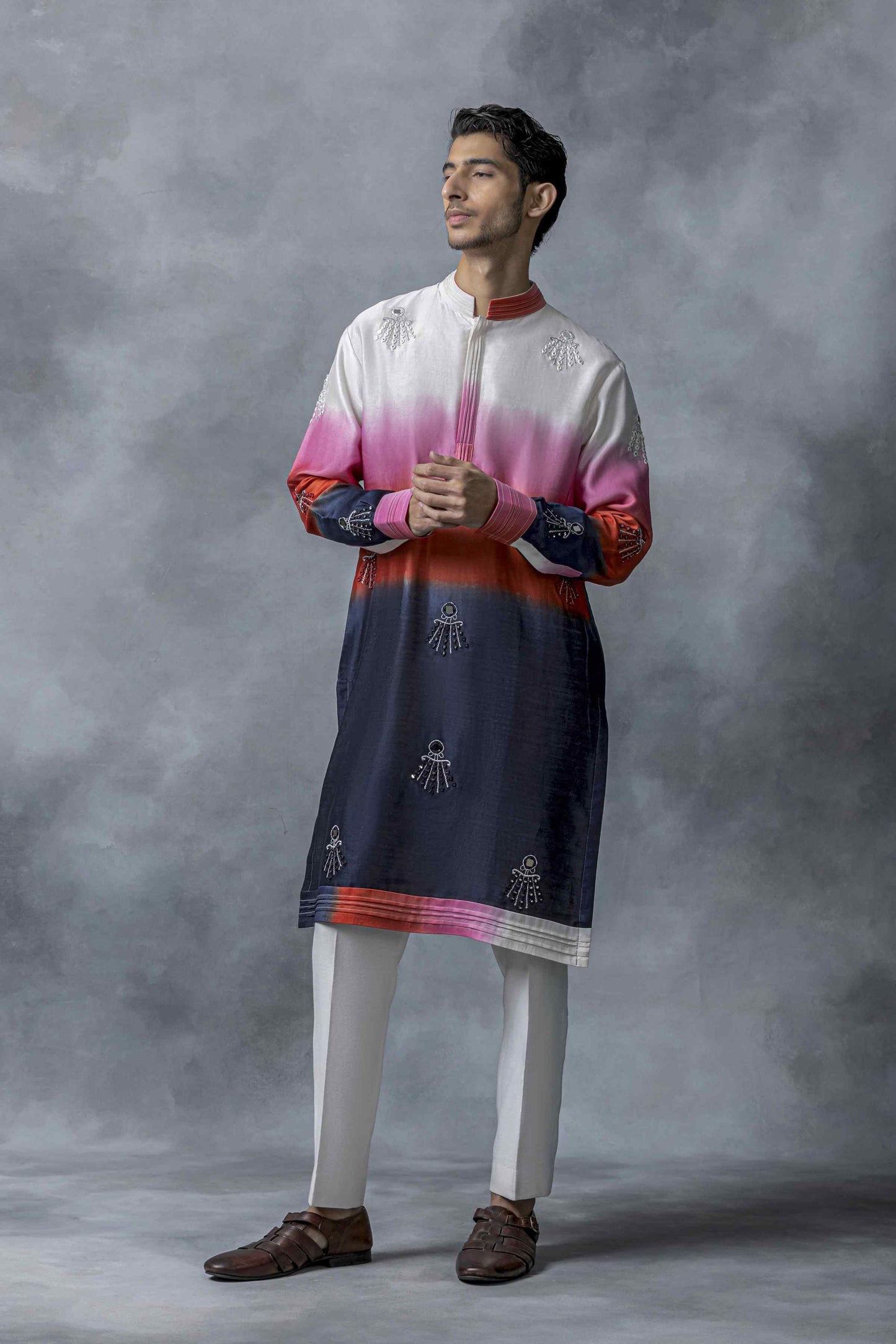 Red Blue & Off White Ombre Sequin Kurta Set