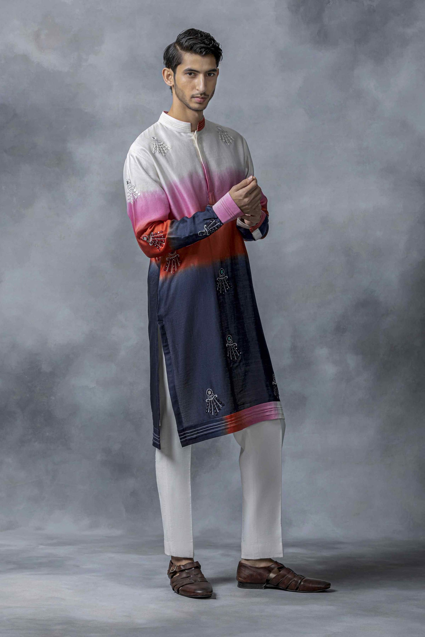 Red Blue & Off White Ombre Sequin Kurta Set