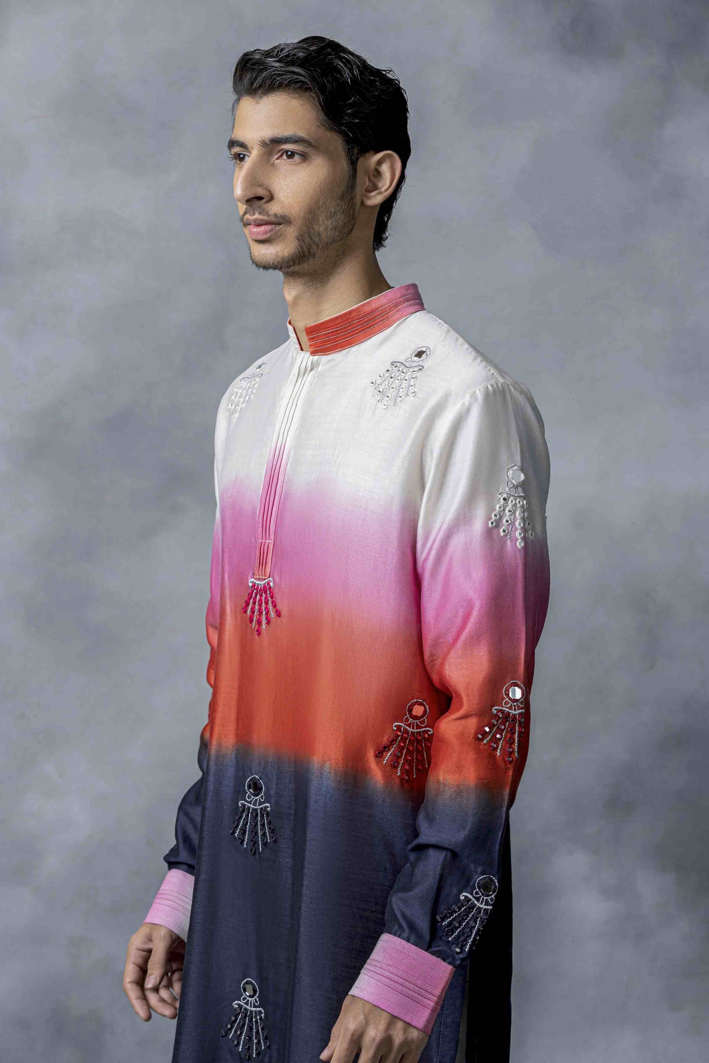 Red Blue & Off White Ombre Sequin Kurta Set