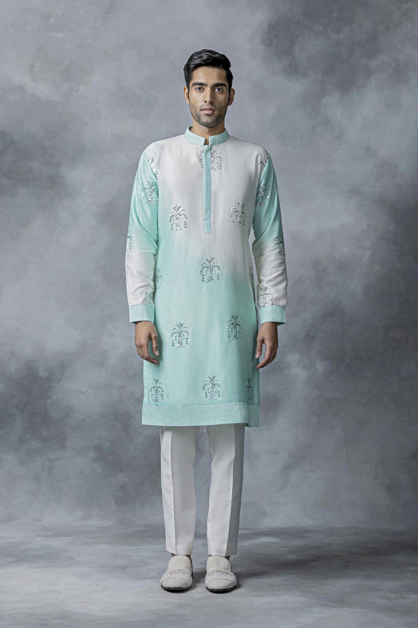 Off White And Sea Green Ombre Kurta Set