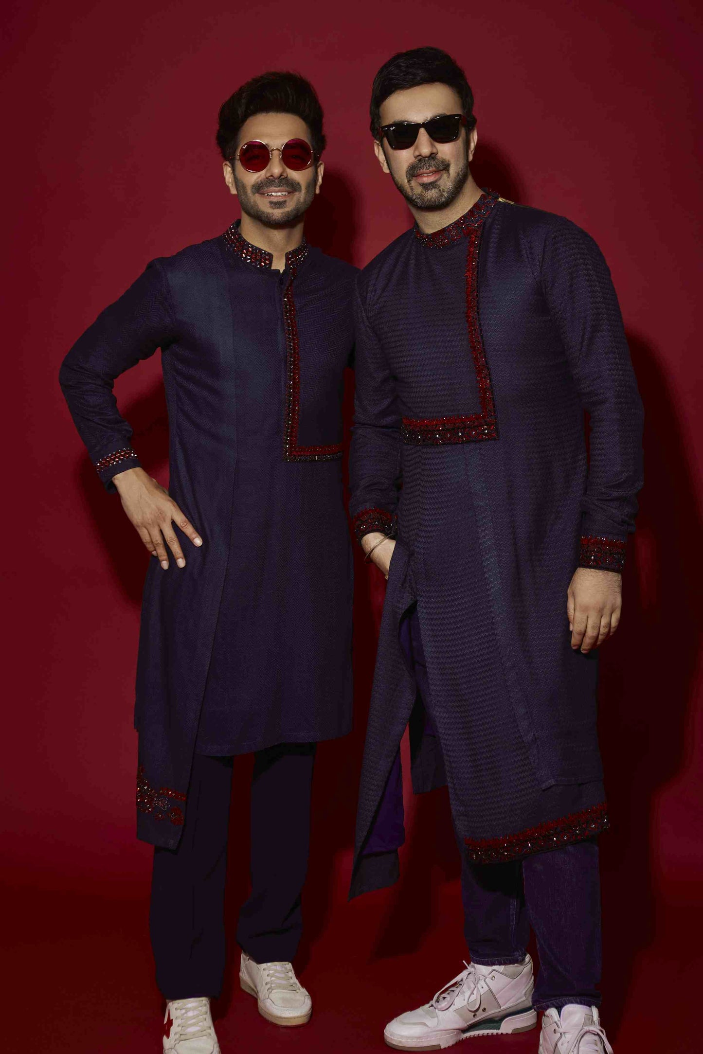 Aparshakti Khurana in Navy Panel & Red Thread Work Kurta Set
