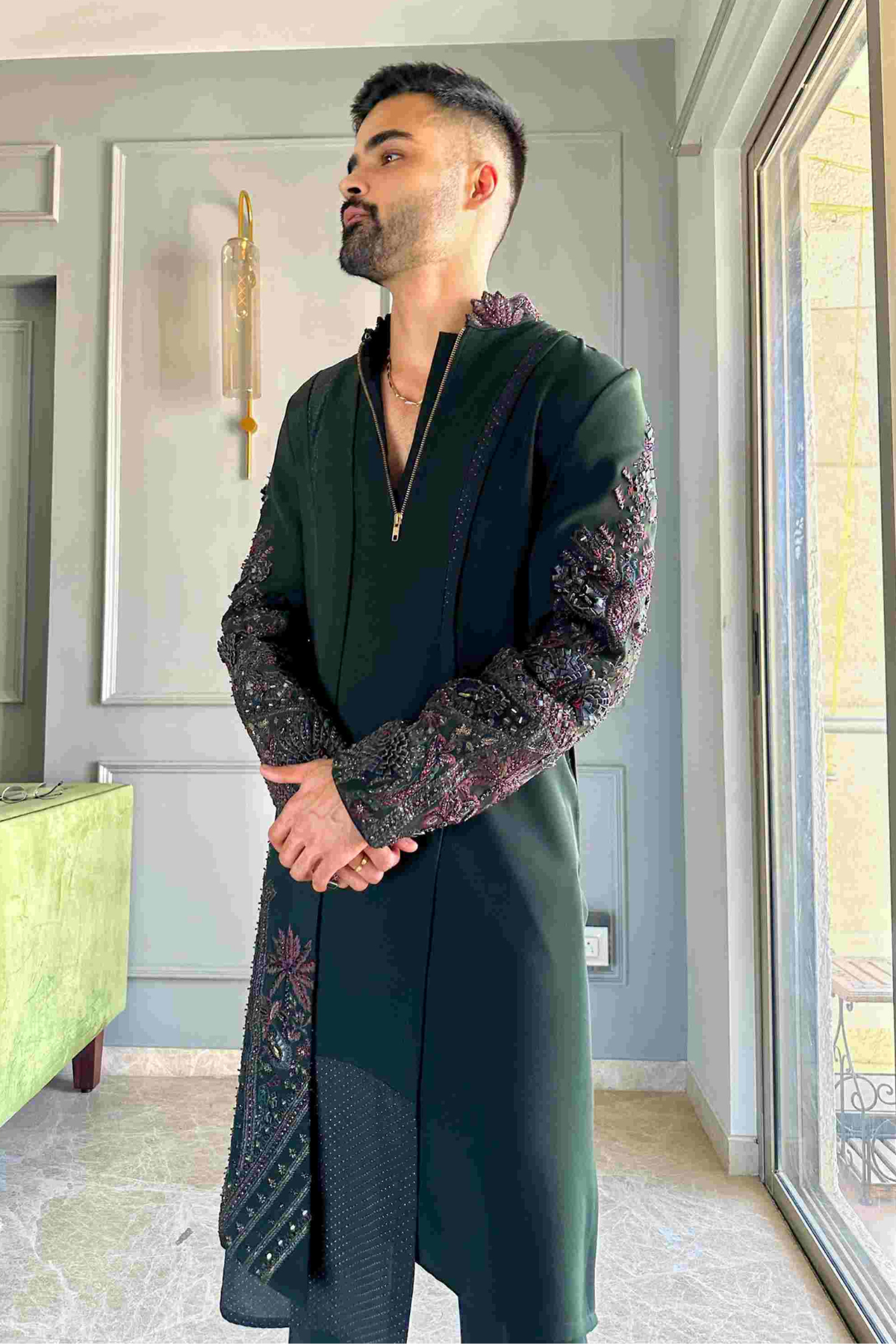 Ankit In Forest Green Leather Embroidery Kurta Set
