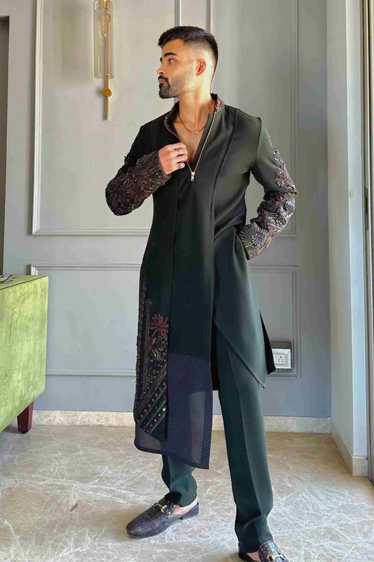 Ankit In Forest Green Leather Embroidery Kurta Set