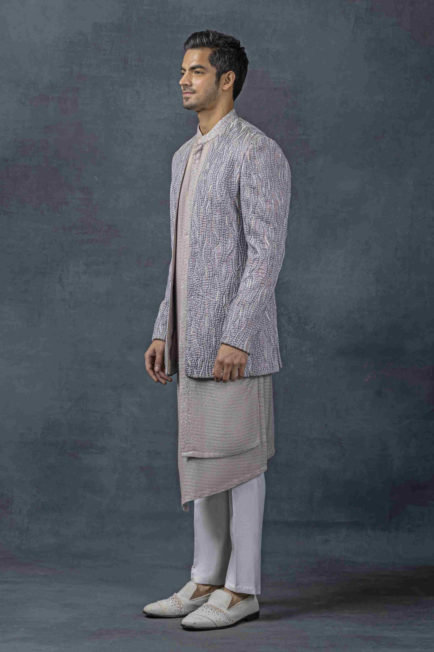 Lavender Pearl Work Open Bandhgala Set