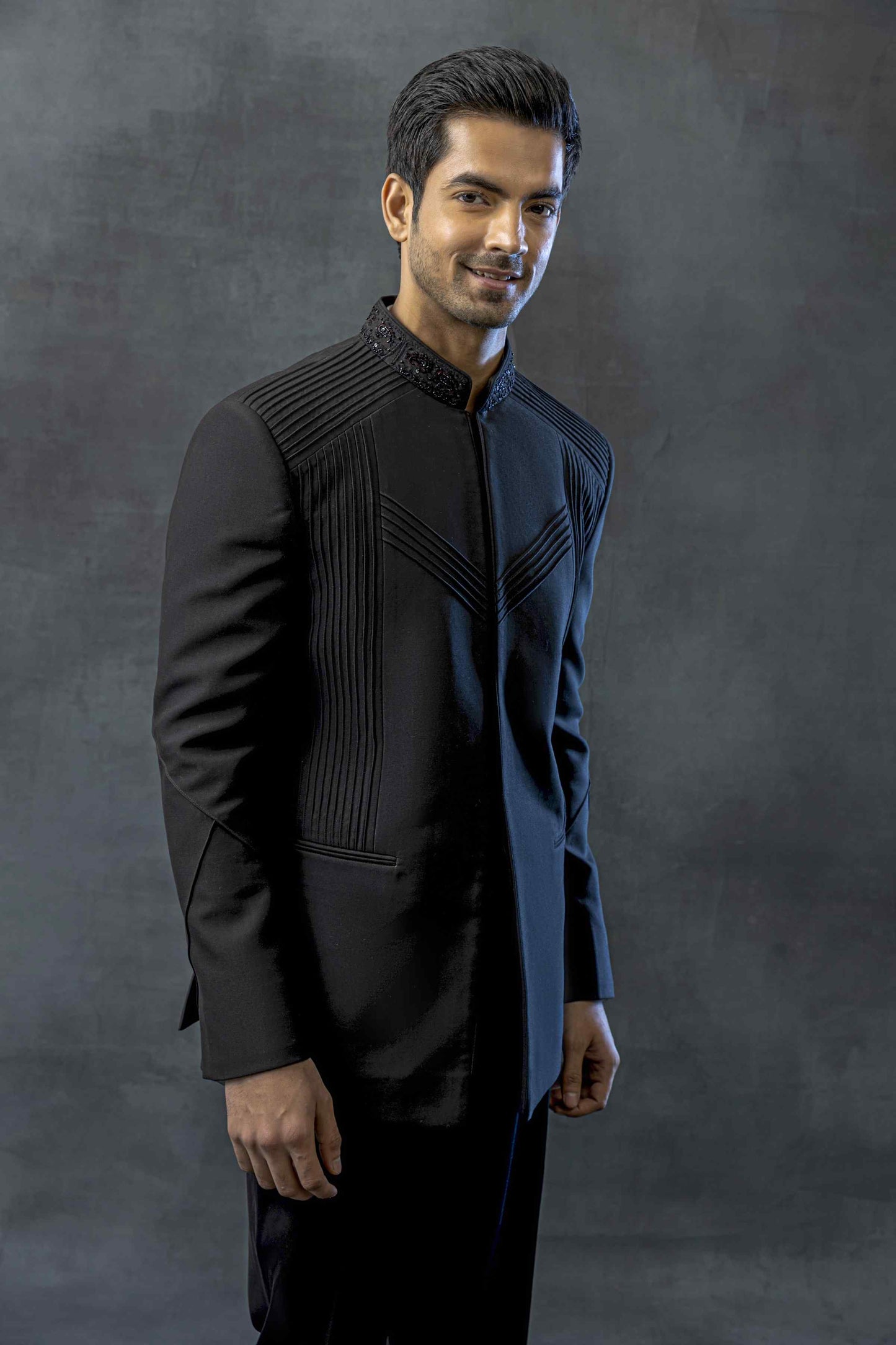 Black Pintuck Bandhgala Set