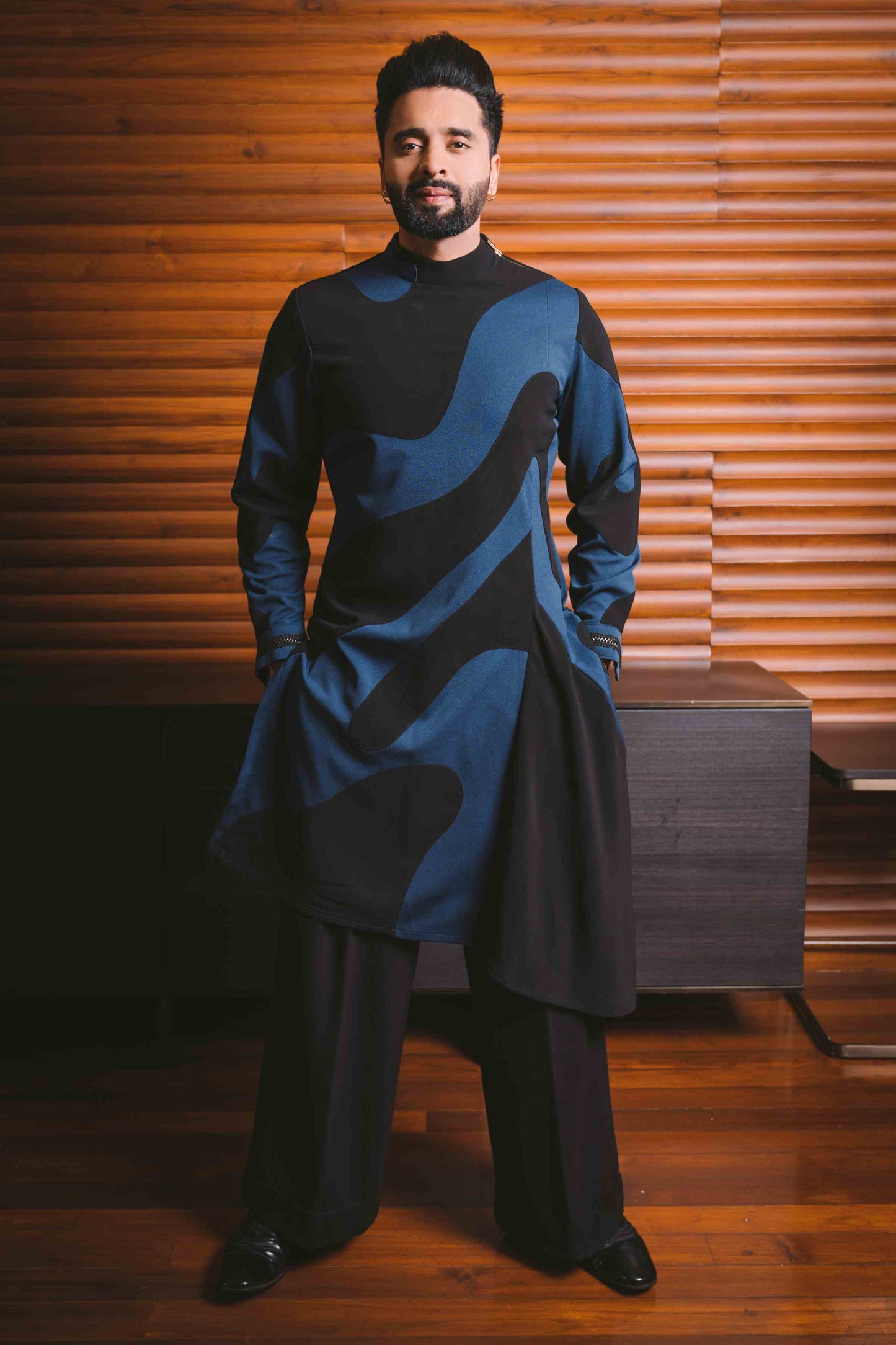 Jackky Bhagnani in Black And Blue Applique Work Kurta Set