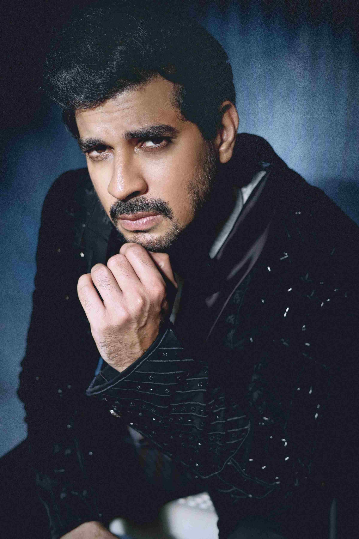 Tahir Raj Bhasin in Black Broken Stripe Tuxedo With Pearl Highlights