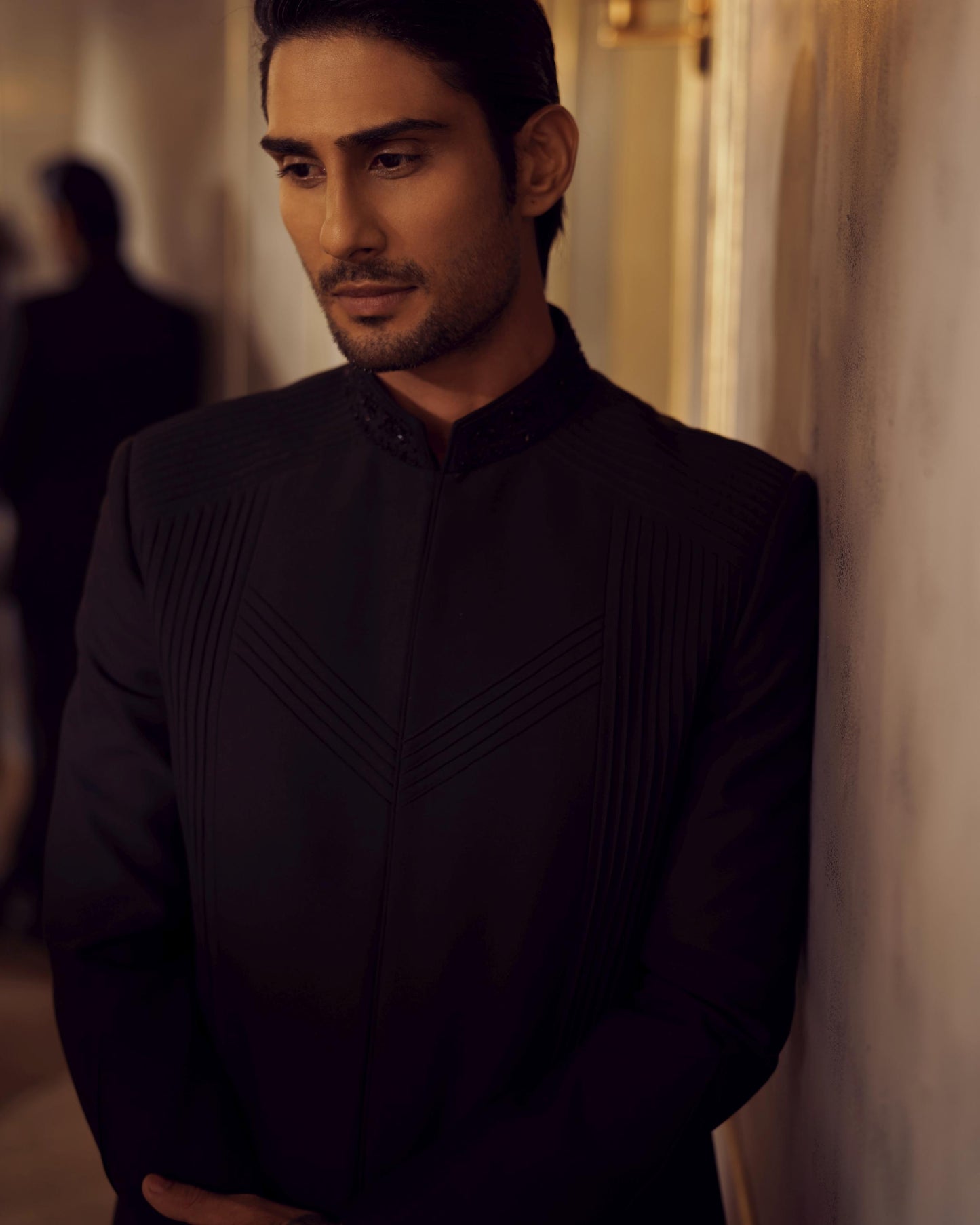Prateik Babbar in Black Bandhgala With Pintuck Detailing Set
