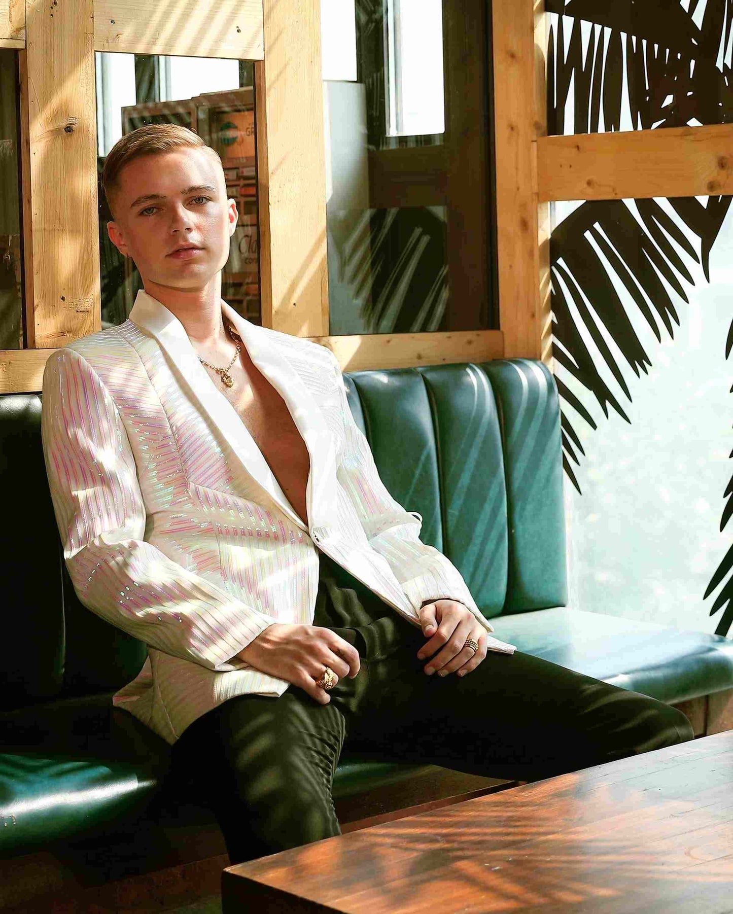 Hrvy In Off White Tuxedo With Rainbow Reel Detailing