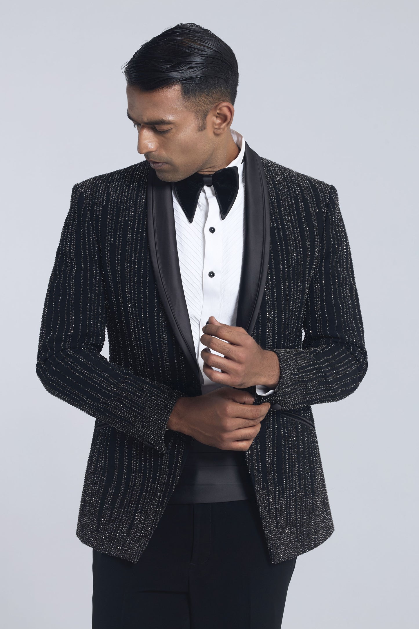 Black Sandwash Pearl Embroidered Tuxedo Set