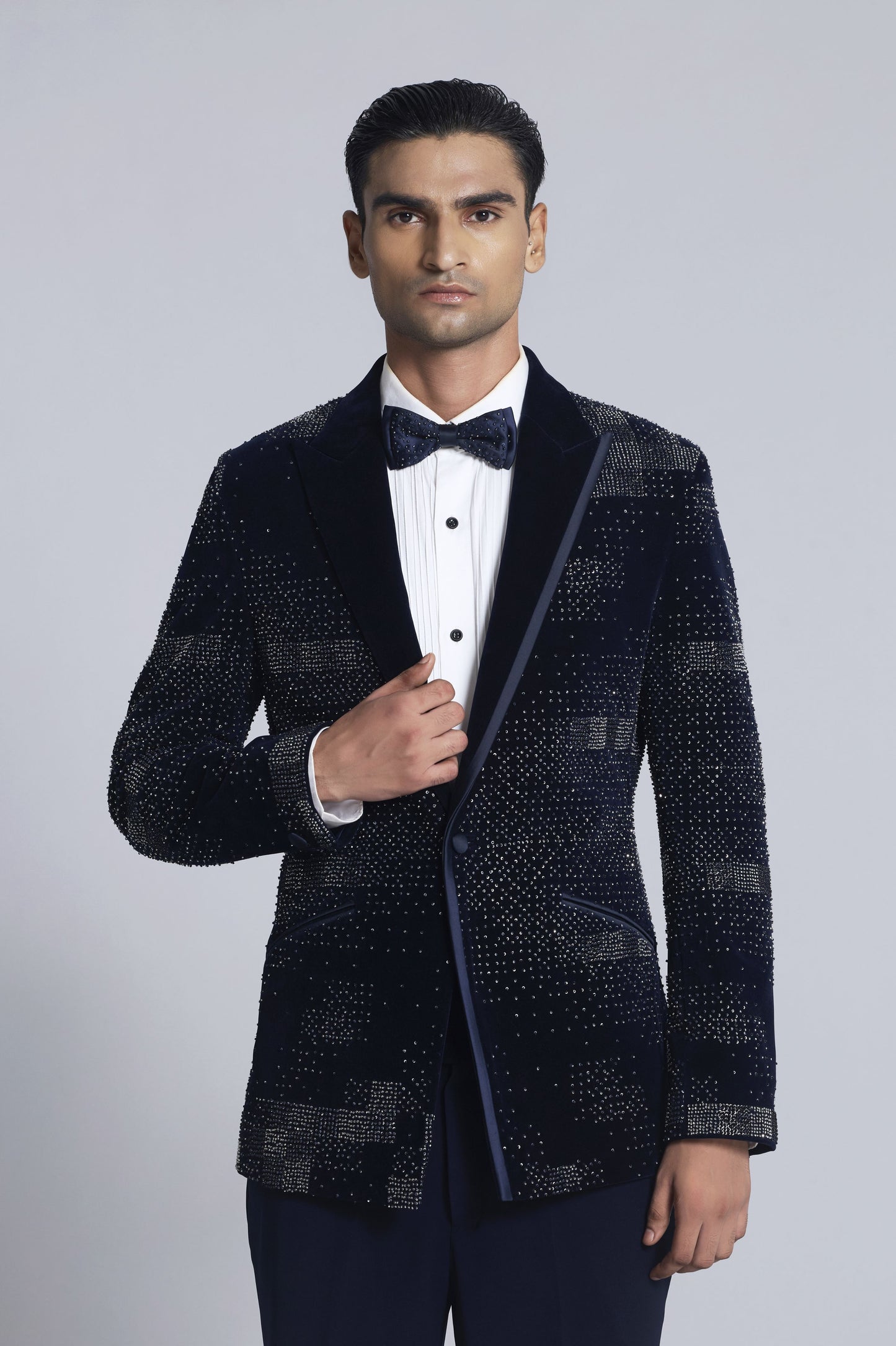 Black velvet with white detailing indo western set