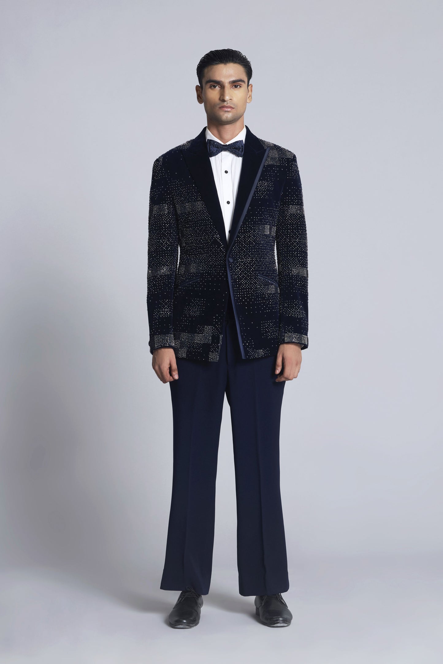 Black velvet with white detailing indo western set