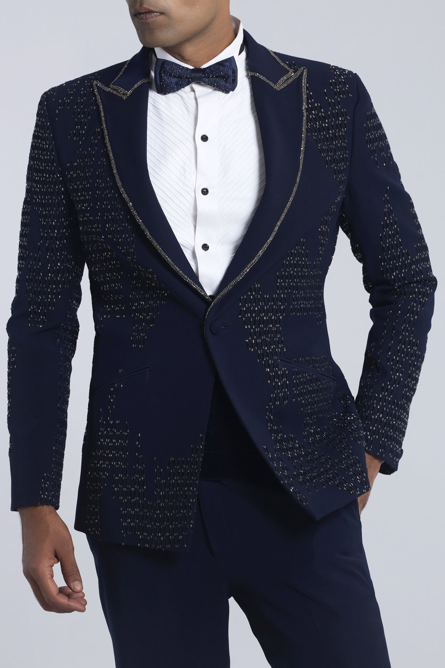 Navy blue Sandwash Pearl Embroidered Tuxedo Set
