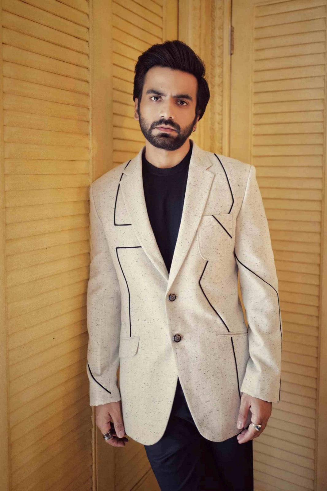 Ayush Mehra in Off White Blazer With Contrast Piping