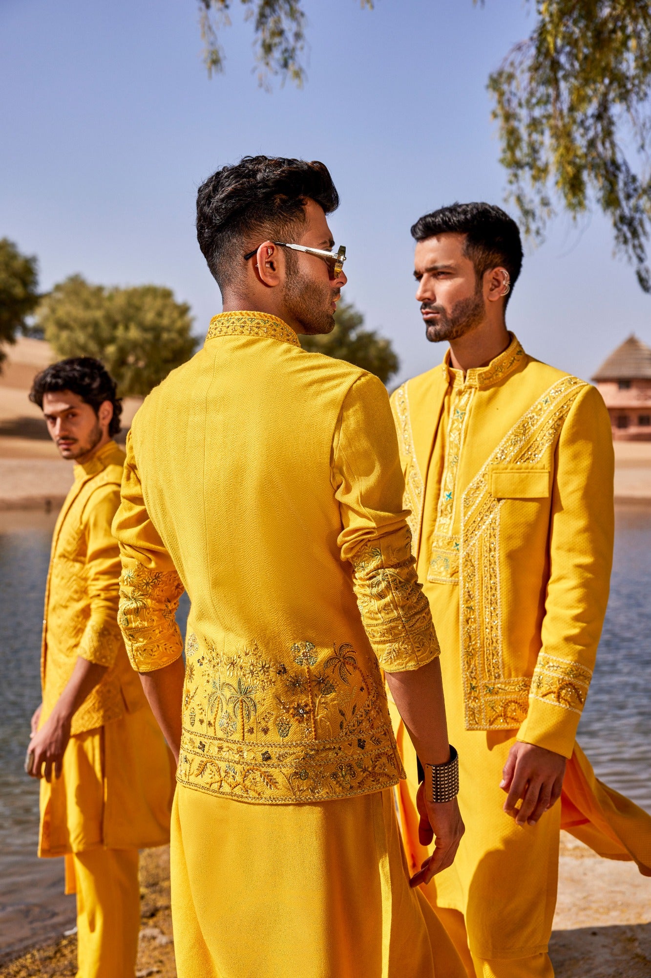 Yellow Waistcoat Set With Floral Thread Work