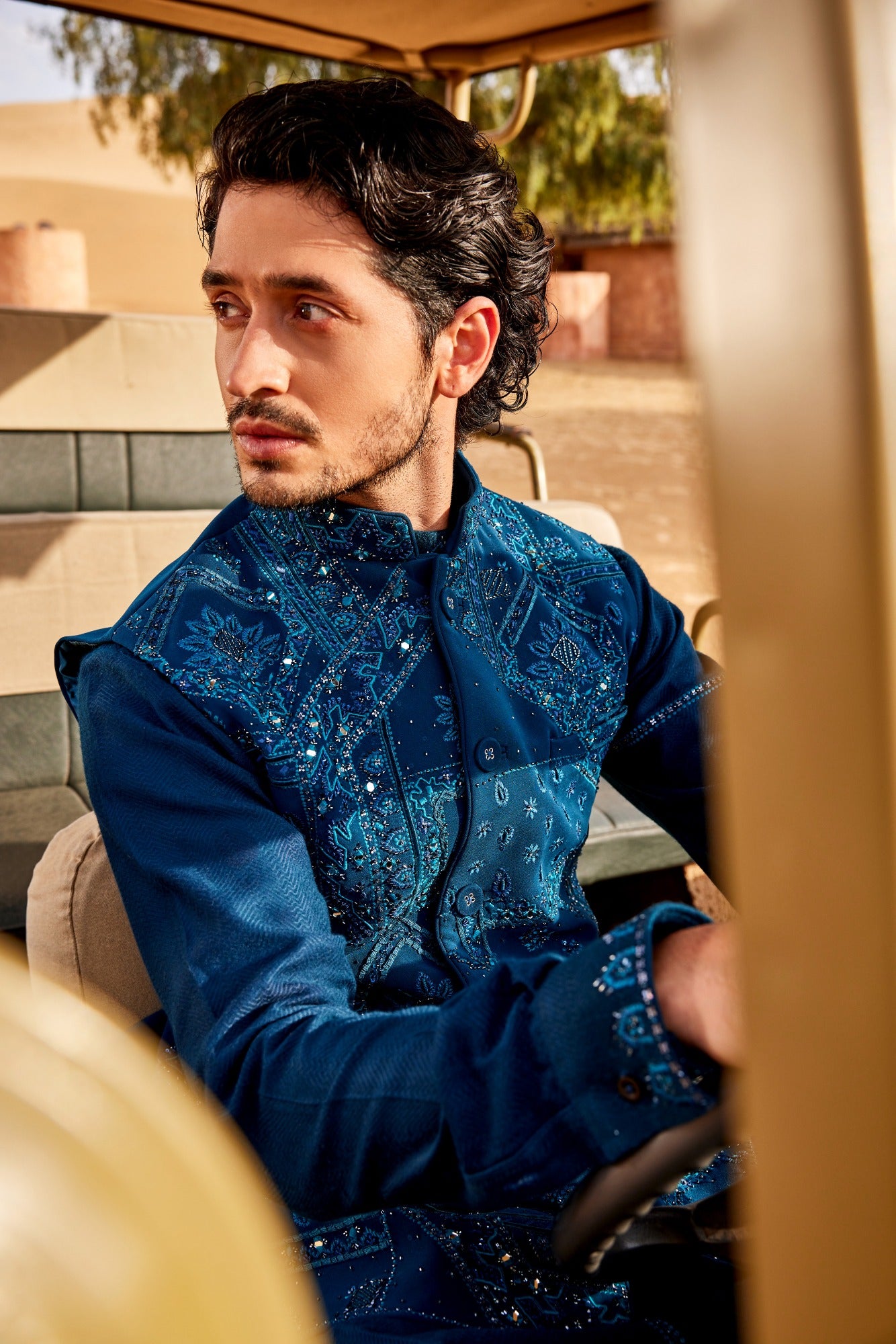 Teal Blue Slant Cut Waistcoat Set