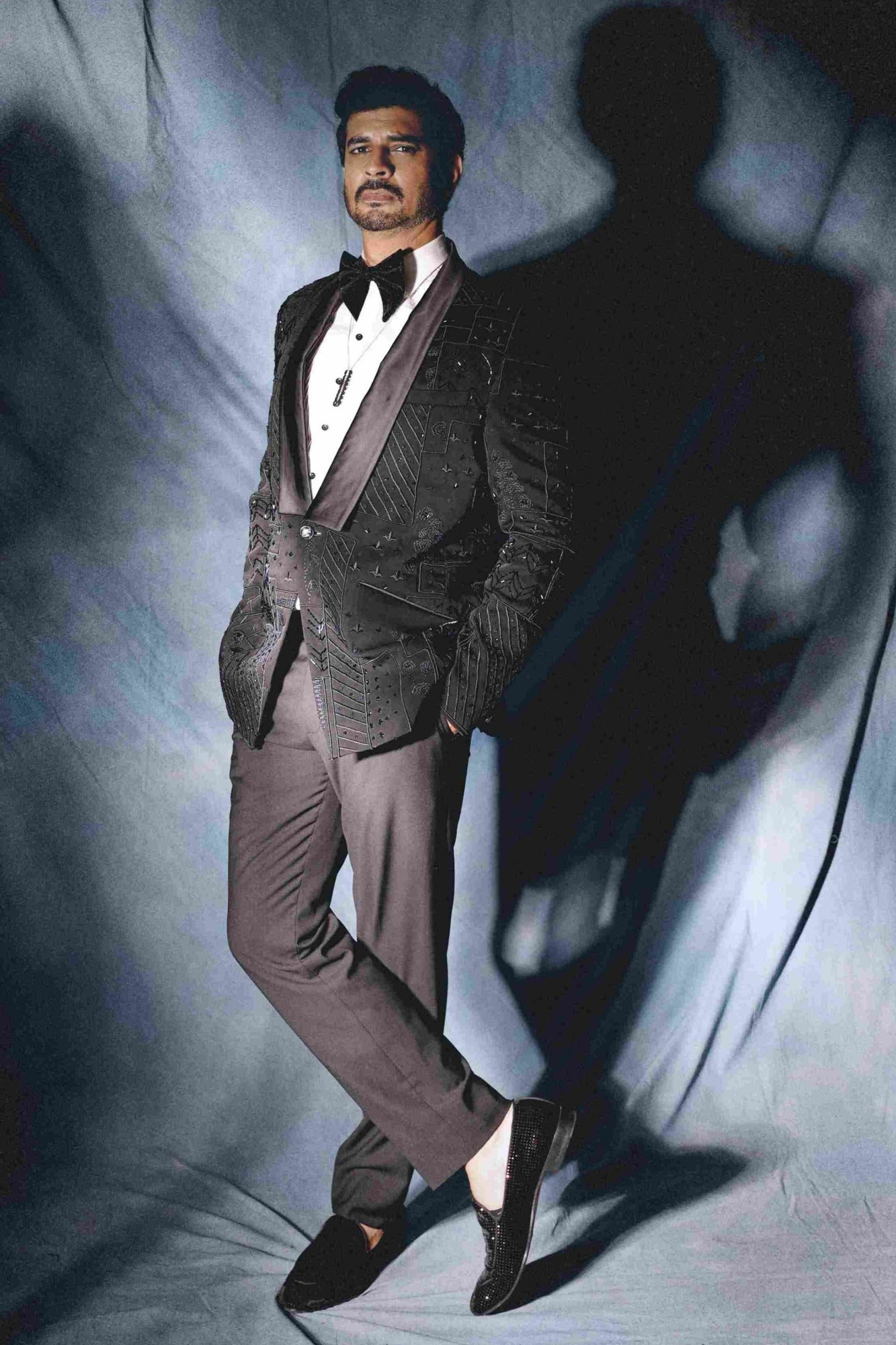 Tahir Raj Bhasin in Black Broken Stripe Tuxedo With Pearl Highlights
