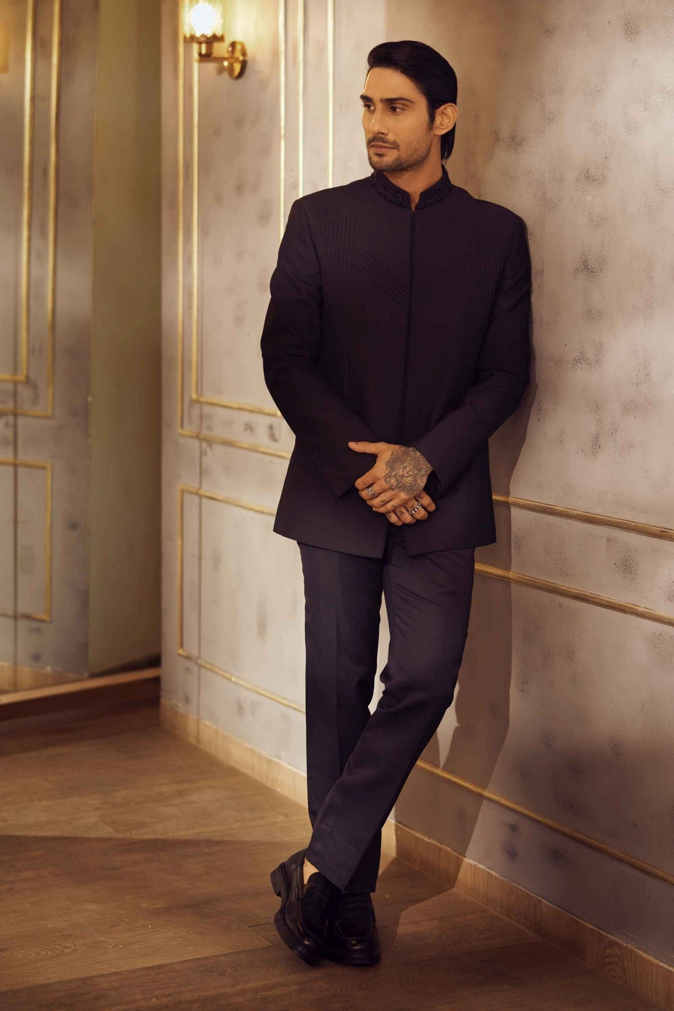 Prateik Babbar in Black Bandhgala With Pintuck Detailing Set