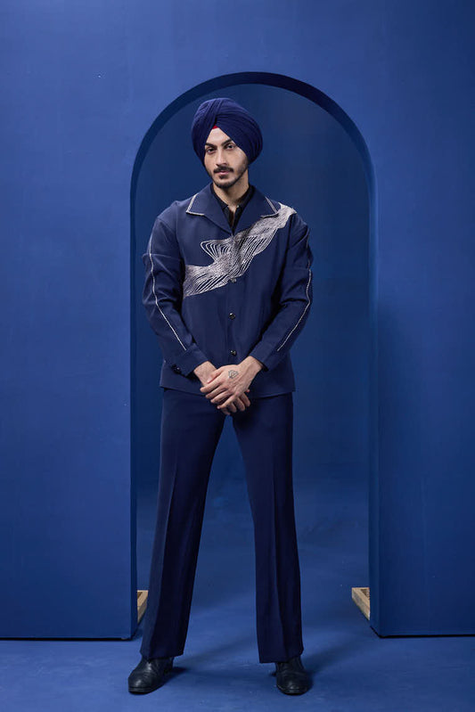 Navy Blue cord set detailing with thread embroidery