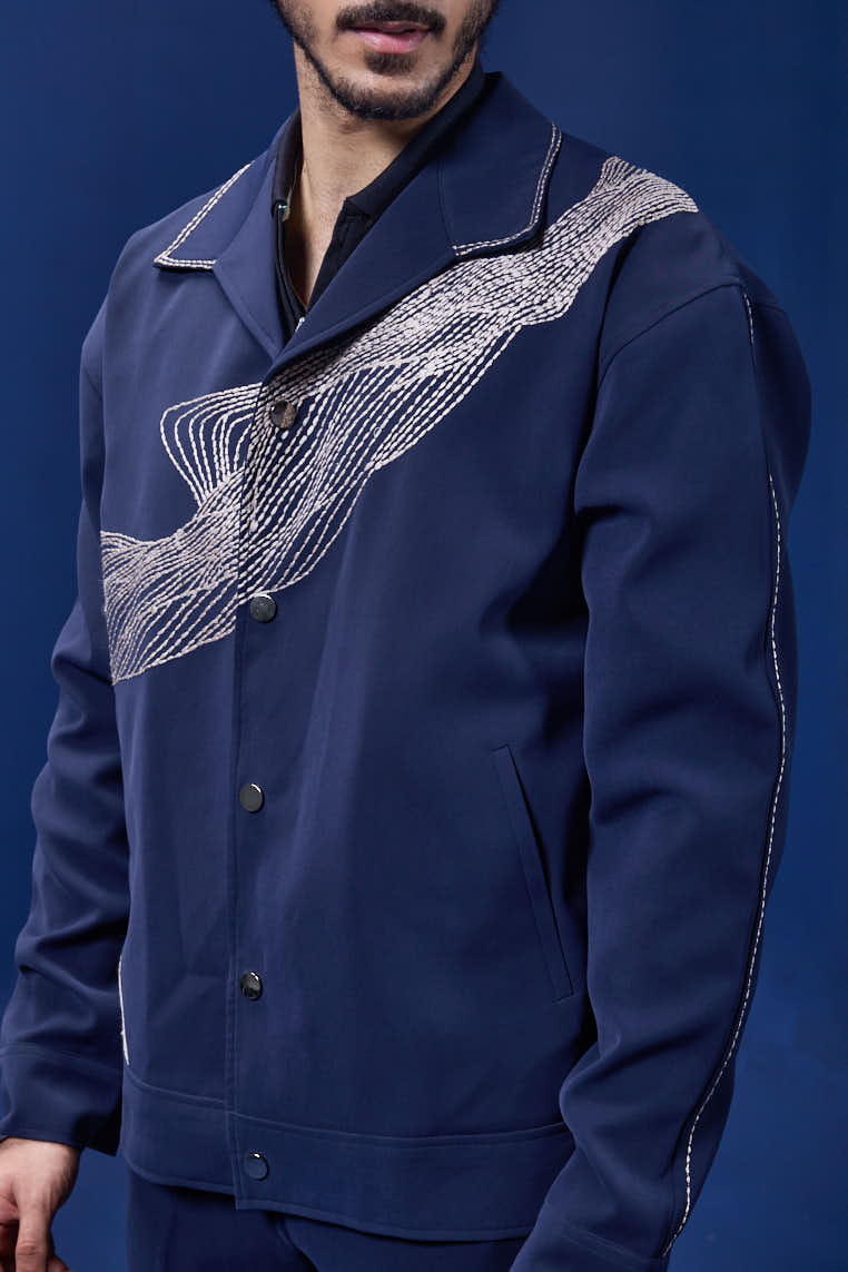 Navy Blue cord set detailing with thread embroidery