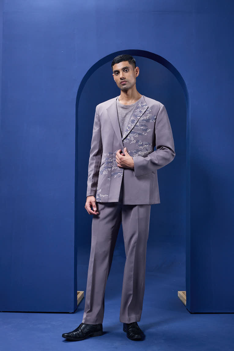 Grey cord set detailing with thread embroidery