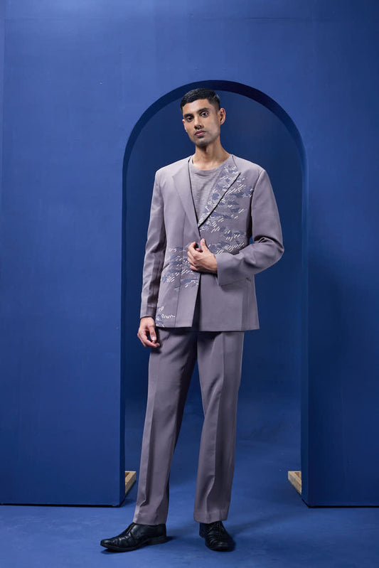 Grey cord set detailing with thread embroidery