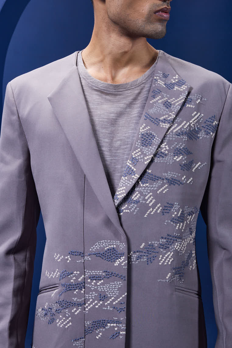 Grey cord set detailing with thread embroidery
