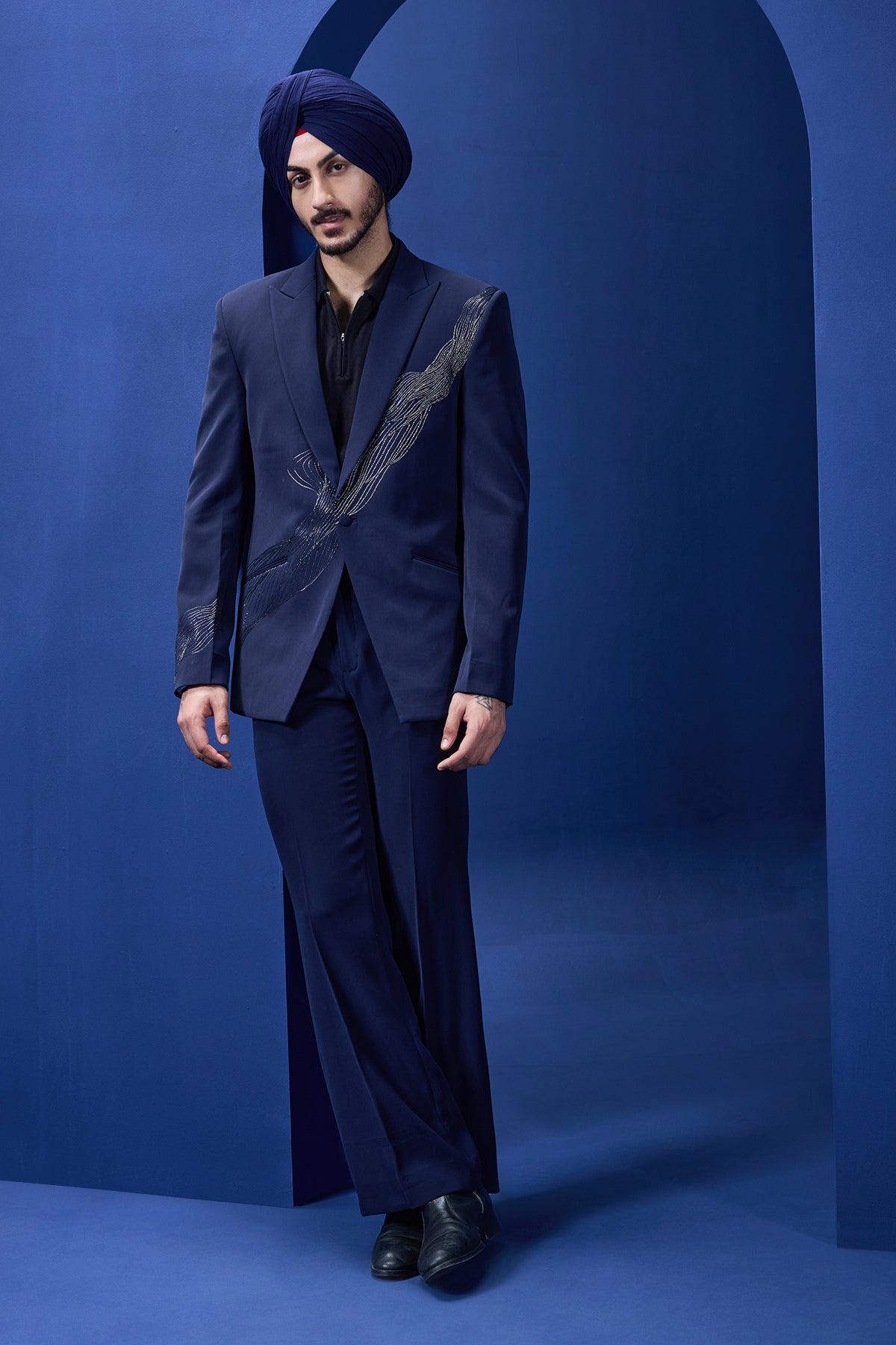 Navy Blue blazer detailing with silver zari