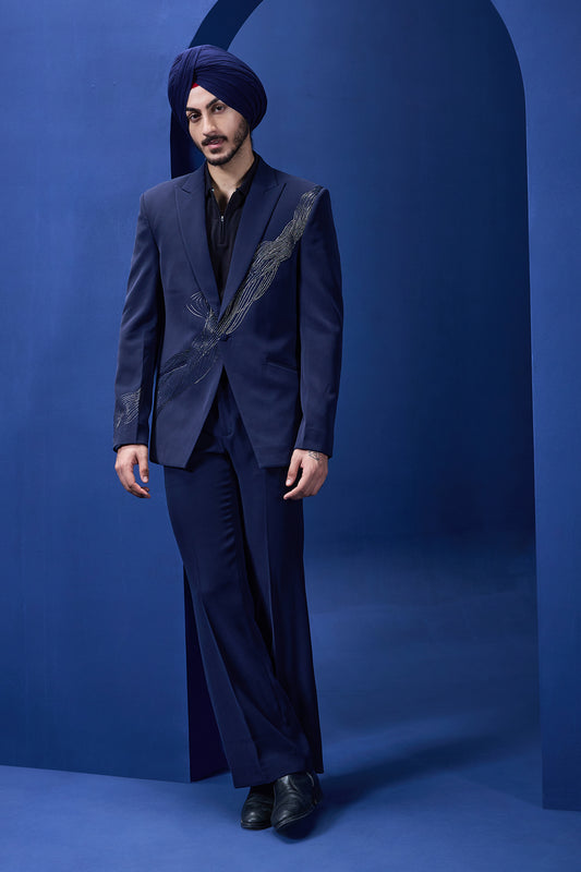 Navy Blue blazer detailing with silver zari