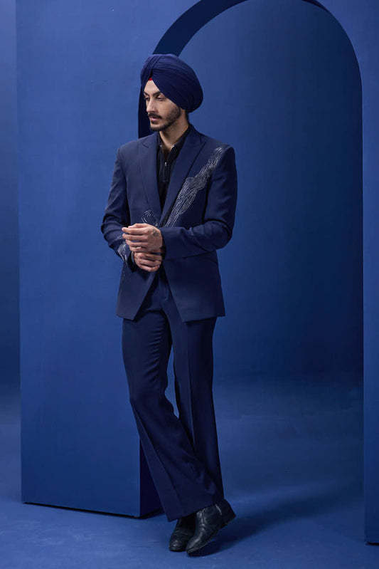 Navy Blue blazer detailing with silver zari