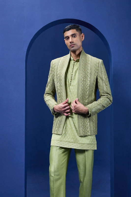Green open bandhgala 
with thread , sequins & pearl
work
