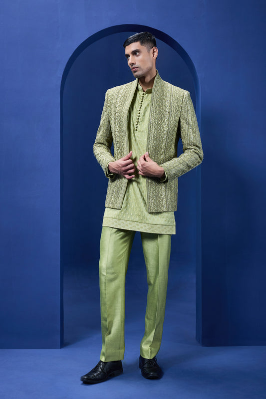 Green open bandhgala 
with thread , sequins & pearl
work