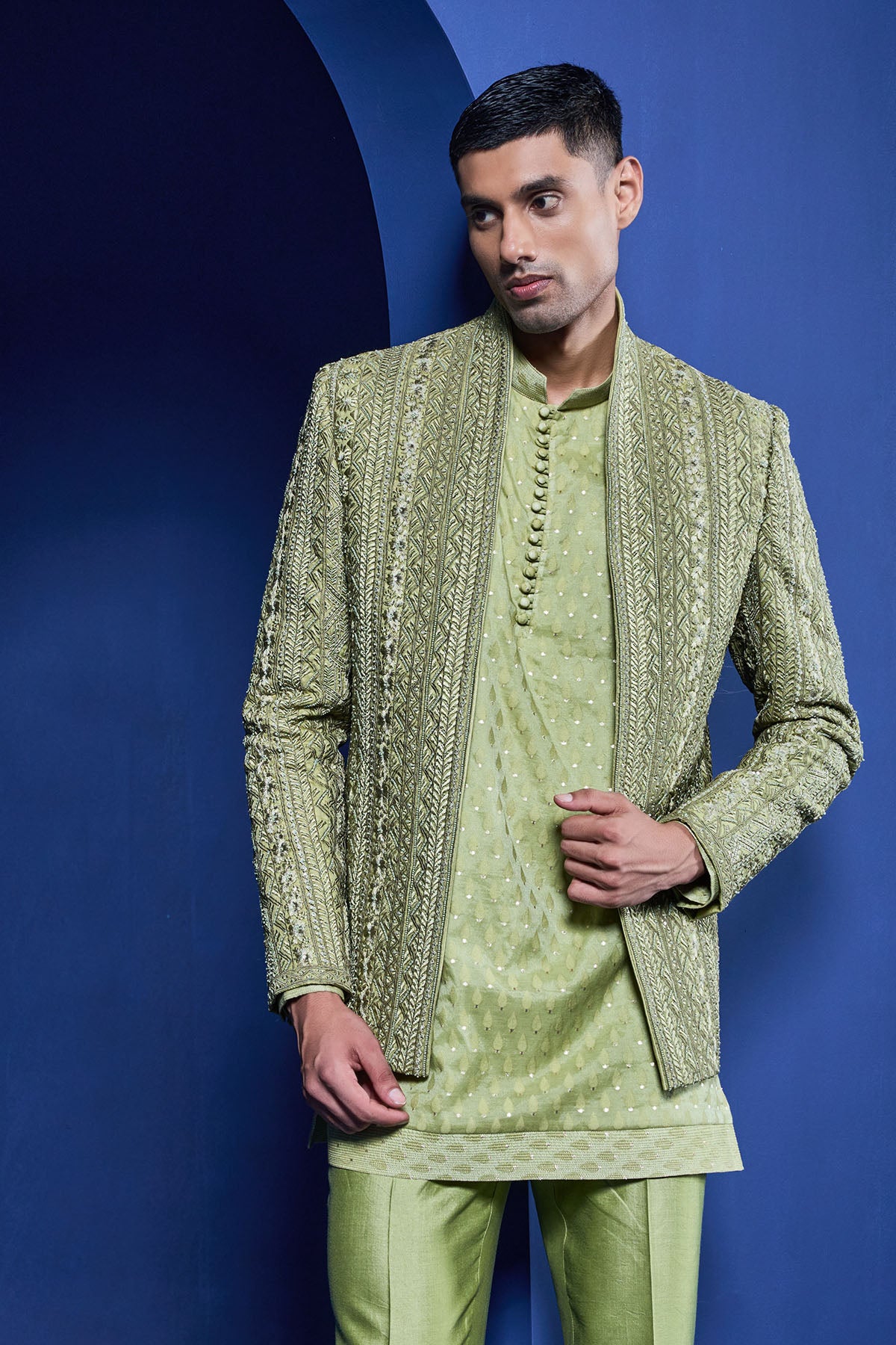 Green open bandhgala 
with thread , sequins & pearl
work