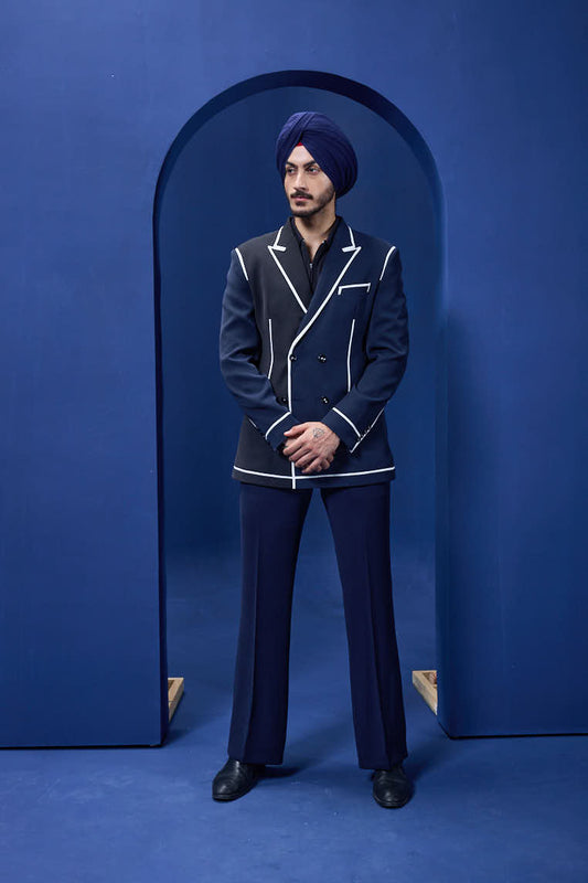 Navy blue and black dual colour blazer detailing with white taping