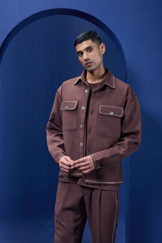 Brown cord set detailing with brown button and horse embroidery