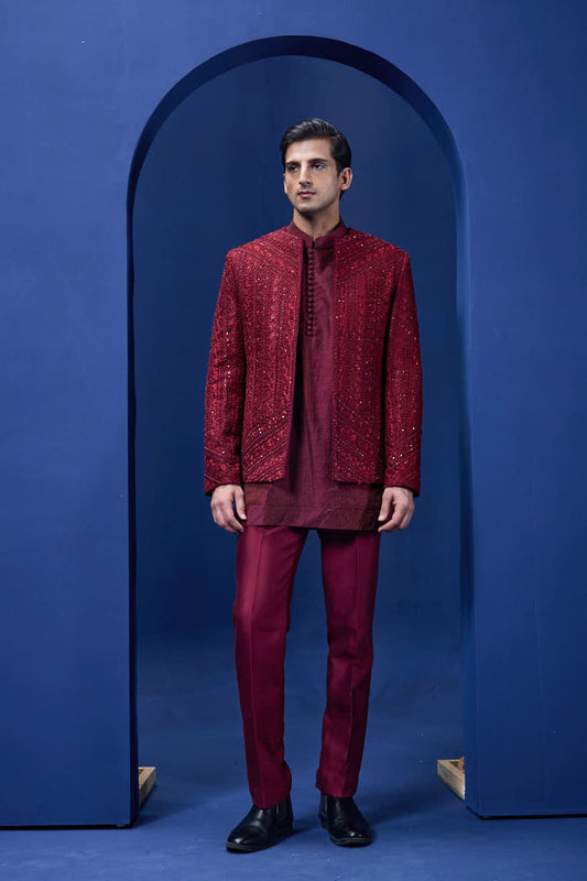 Wine open bandhgala 
with thread , sequins & pearl
work