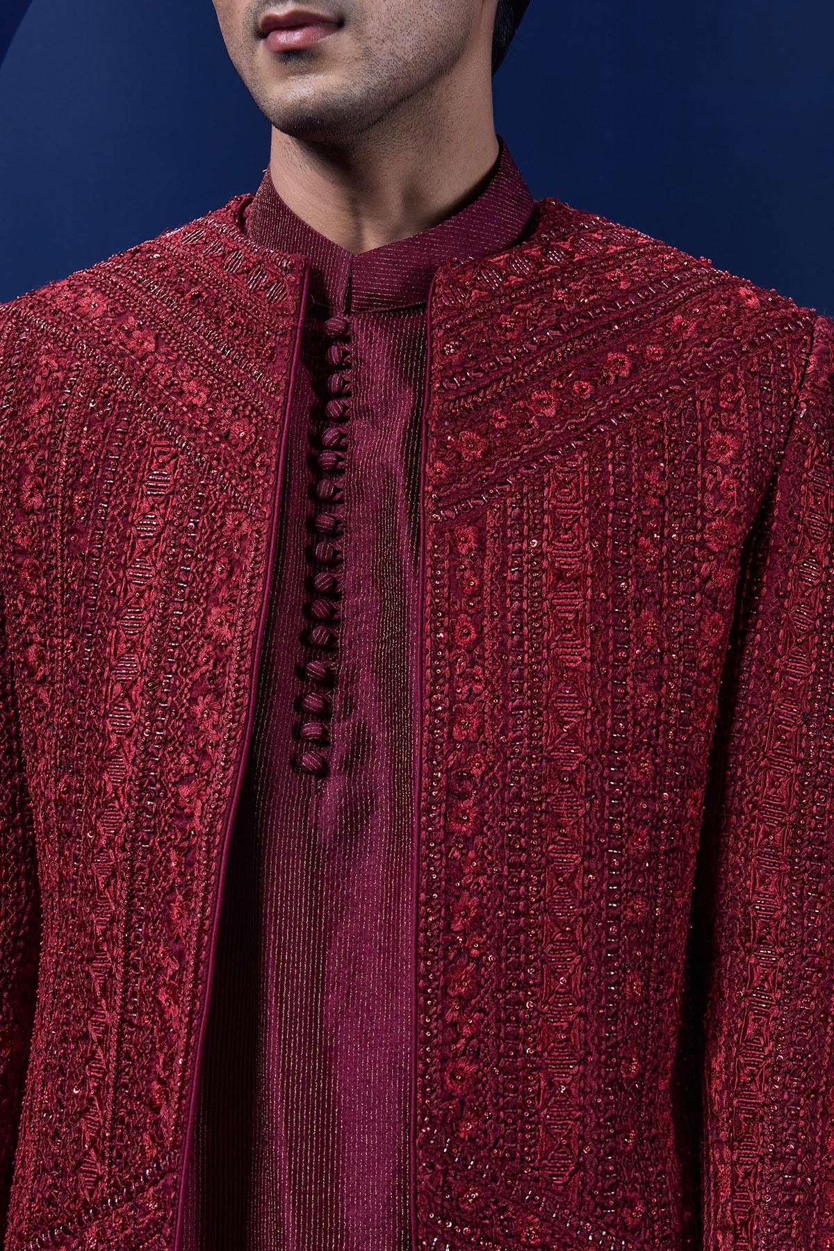 Wine open bandhgala 
with thread , sequins & pearl
work